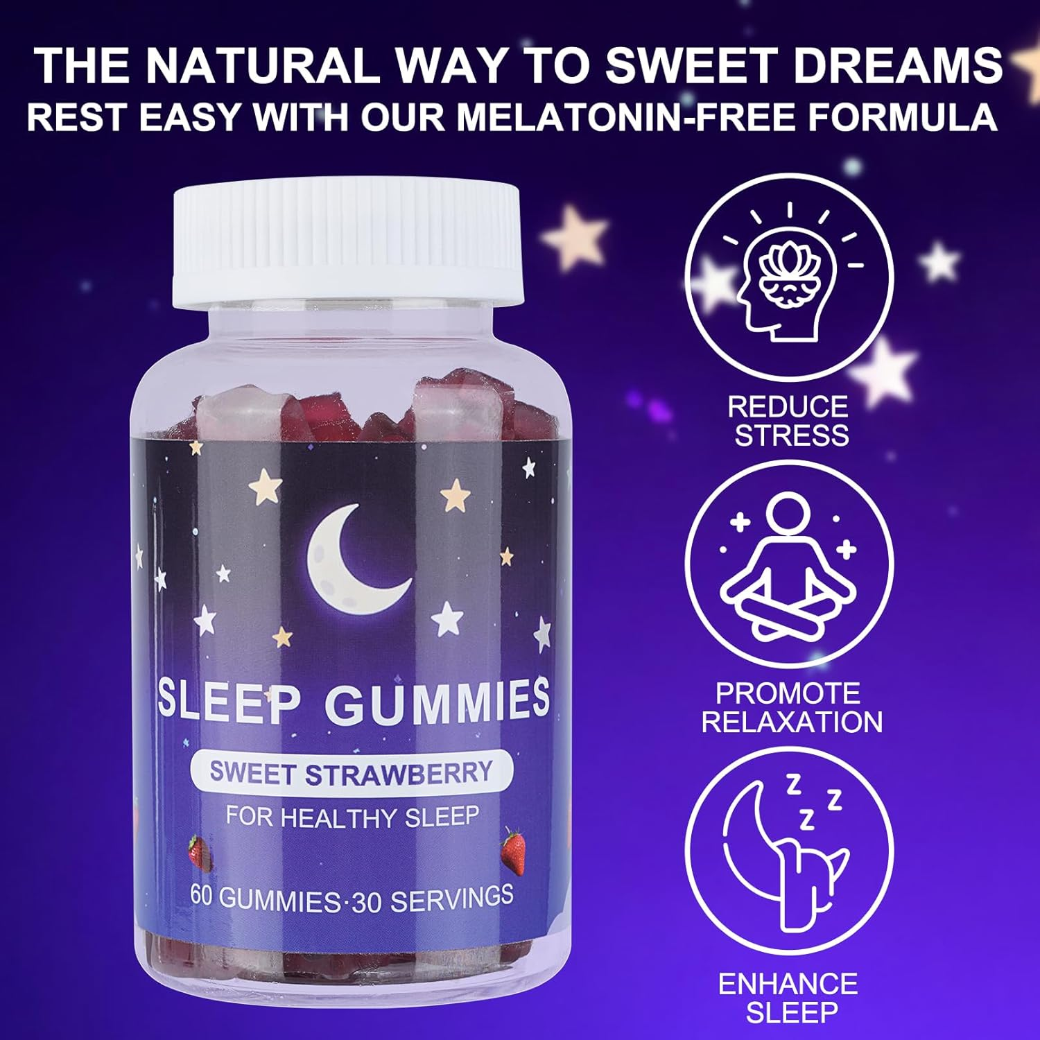 Natural Sleep Aid Gummies for Adults-Strawberry Star Gummies, Fruity Flavor, Vegan, Travel-Friendly, Non-Habit Forming- 60 Count