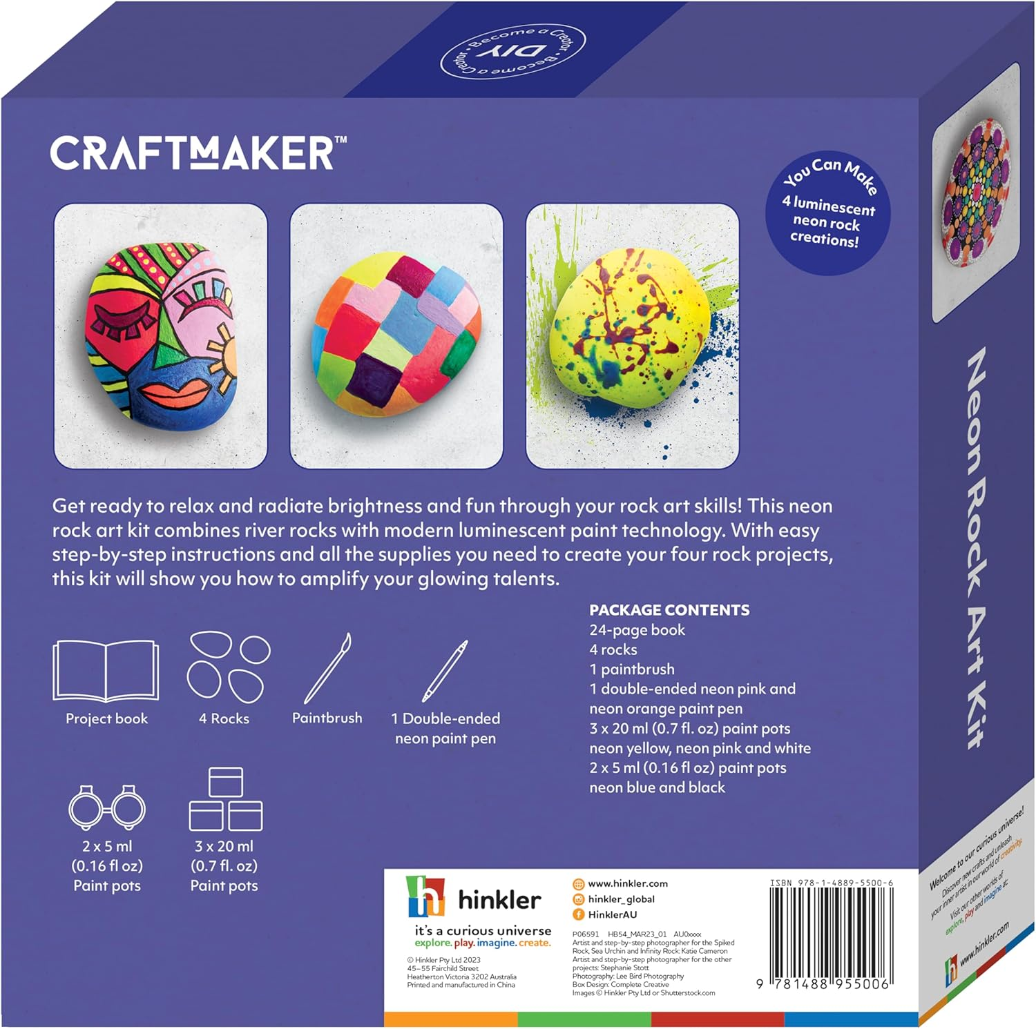 Craft Maker Neon Rock Art Kit - DIY Rock Painting for Kids - Neon Paints and Brushes Included - Easy-To-Follow Projects - Creative Arts and Crafts