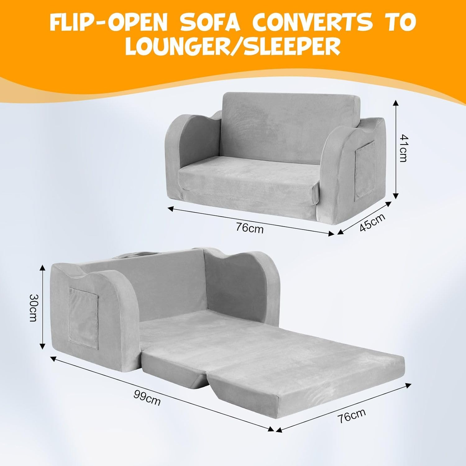 Kids Sofa Fold Out Toddler Sofa Chairs Children'S 2 in 1 Convertible Sofa to Lounger Flip Open Toddler Couch Armrest Chair Bed for Boys Girls Grey image number 6
