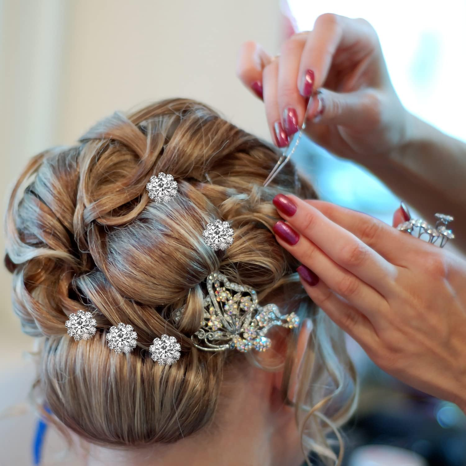 KINBOM 12Pcs Rhinestone Wedding Hair Pins, U Shaped Hair Pins Crystal Flower Hair Bobby Pins Wedding Hair Accessories for Brides Bridesmaids (Silver) image number 2