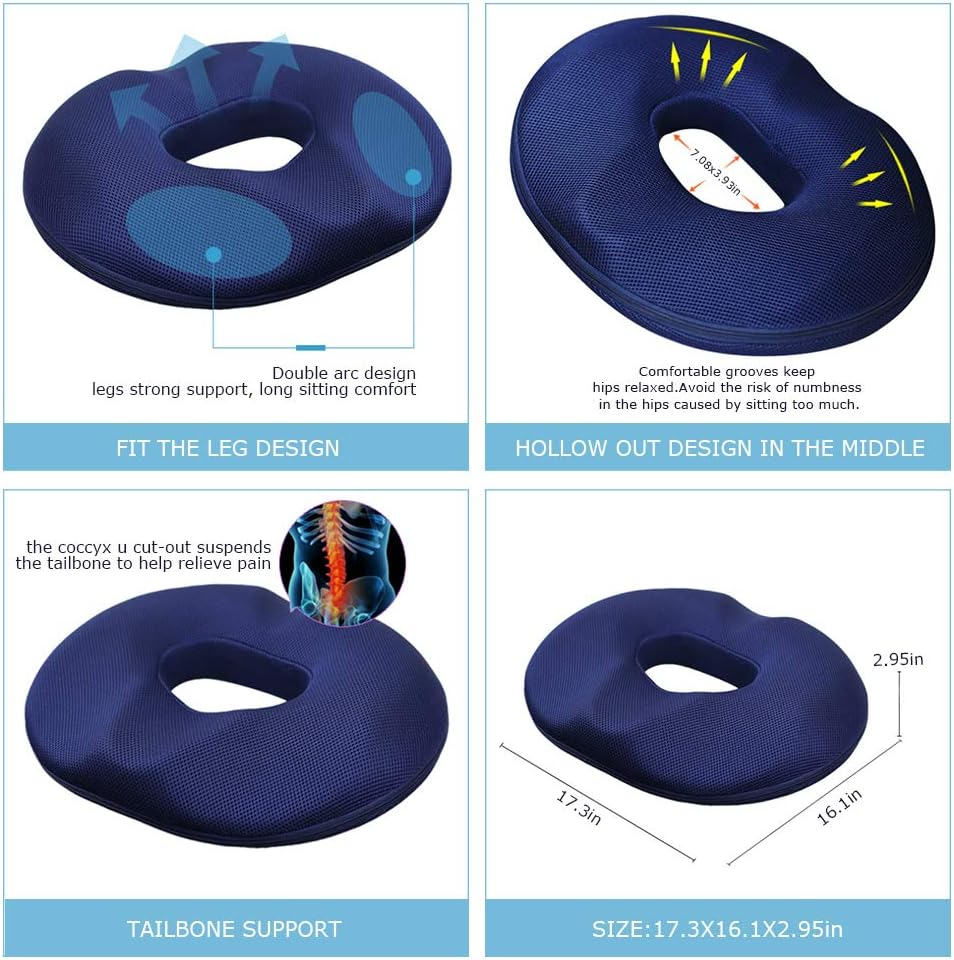 Seat Cushion, Memory Foam Blue Donut Cushion for Tailbone and Coccyx Pain, Lower Back Pain, Pressure Relief, for Home, Office Chair, Wheelchair, Car Seat