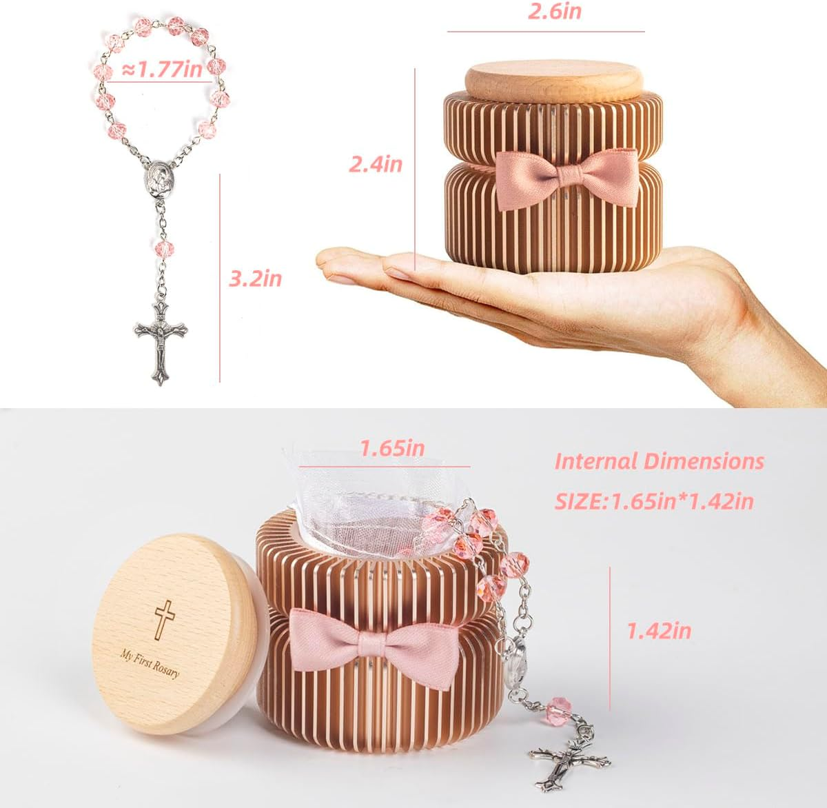 Catholic Baptism Gift Set My First Rosary & Aluminum Alloy Keepsake Box, Catholic Baptism Gifts for Baby Girl or Dedication Baptism Gifts for Girl or Kids (Pink Gold) - Pink Gold image number 5