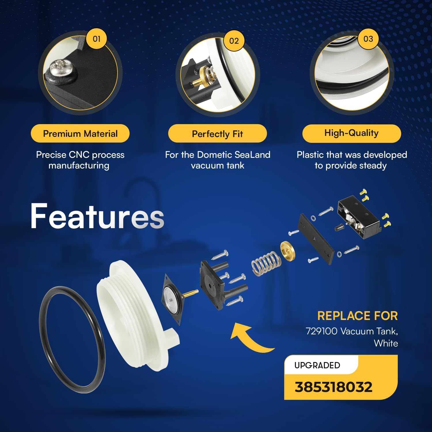 Sunluway Upgraded 385318032 Vacuum Tank Switch Kit with O-Ring Compatible with Sealand/Dometic, Accumulator Tank Vacuum Switch Direct Replace for 729100 Vacuum Tank, White image number 4