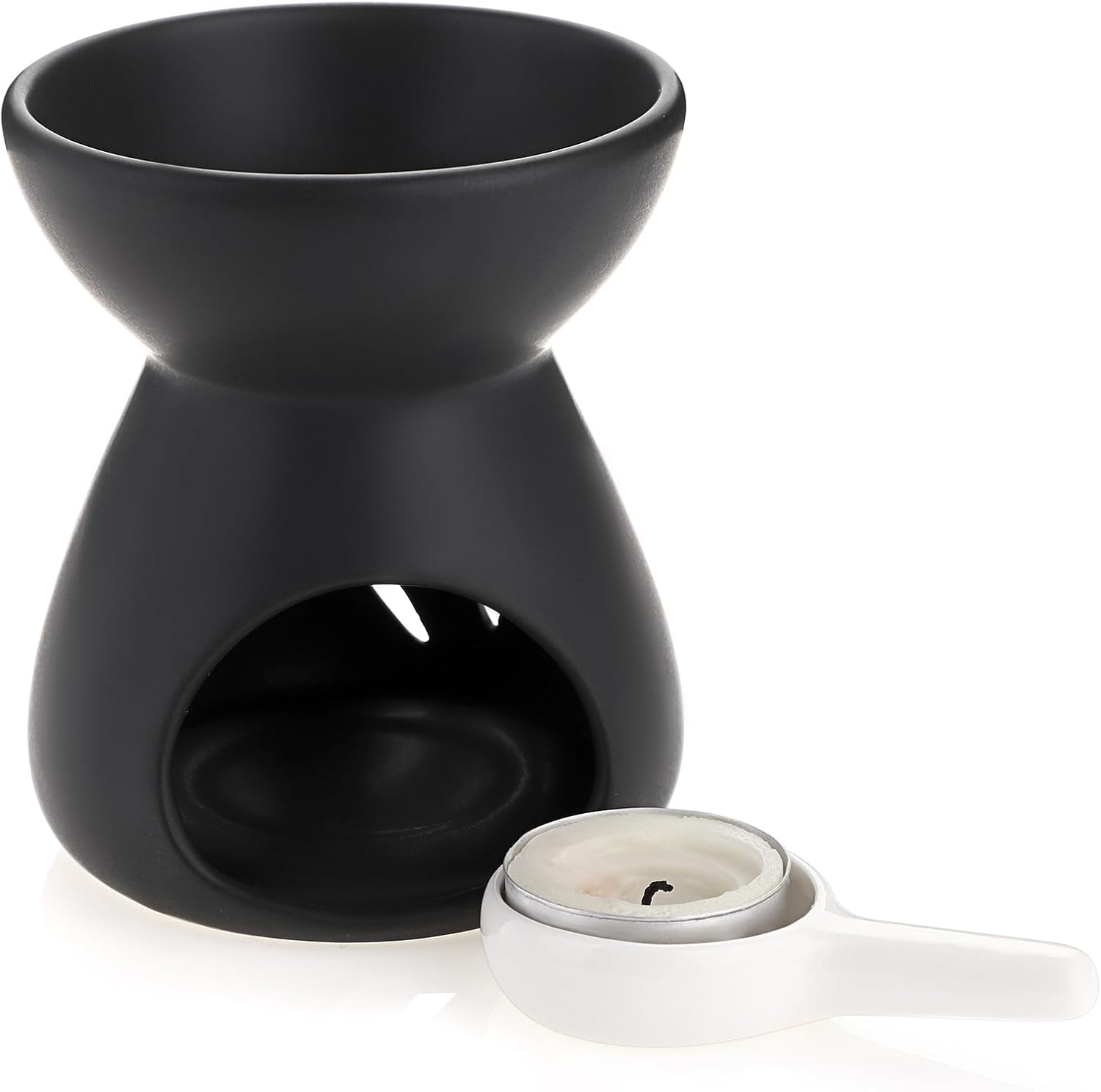 BSTKEY Ceramic Oil Burner Aroma Diffuser, Decorative Wax Melt Burner with Little Candle Spoon, Candle Burner for Home Office, Funnel Model (Black) - White image number 3