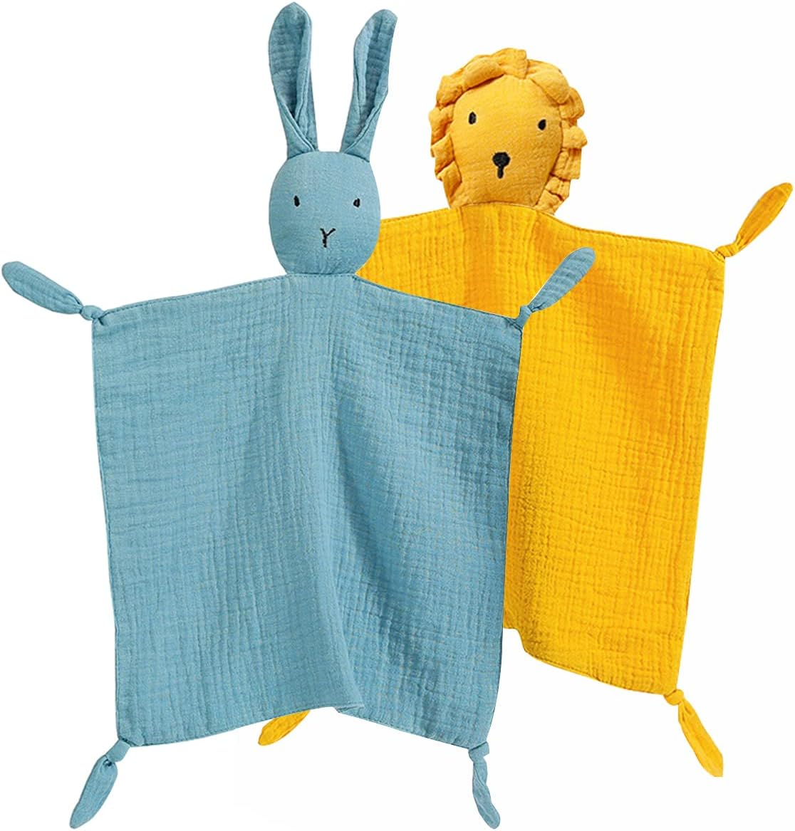 Bunny Lovey Blanket for Boys and Girls, Organic Cotton Muslin Security Blanket for Babies, Soft Breathable Lovie Soothing Towel for Newborn and Infant, 2 Pcs Set