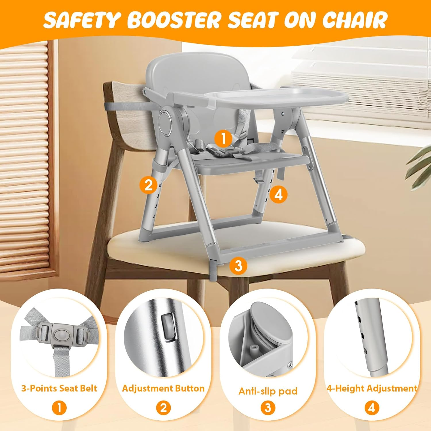 3-In-1 Portable Booster Seat for Babies and Toddlers Adjustable Height with Removable Feeding Tray for Indoor/Outdoor 6 Months - 3 Years with Carry Bag image number 3