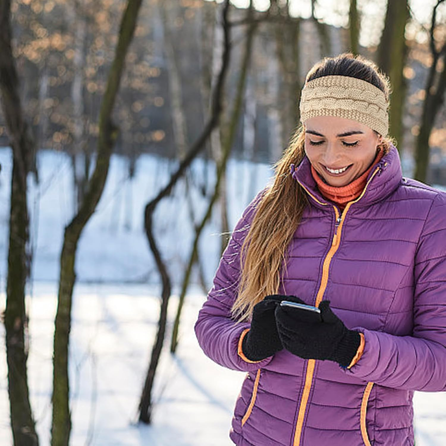 Pack of 2 Winter Headband for Women, Elastic Knitted Hair Band, Girls Thick Warm Headbands, Ear Warmers, Headband, Thermal Headband (Black, Beige) image number 6