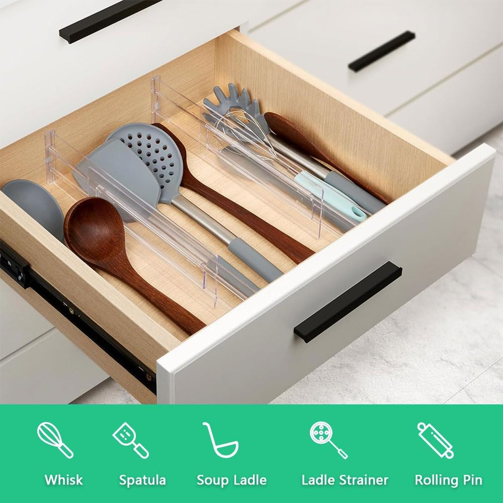 6 Pack Adjustable Clear Plastic Drawer Dividers, Expandable Drawer Organizers with Double-Sided Tape for Kitchen Utensils, Clothing, Wardrobe, Office Storage