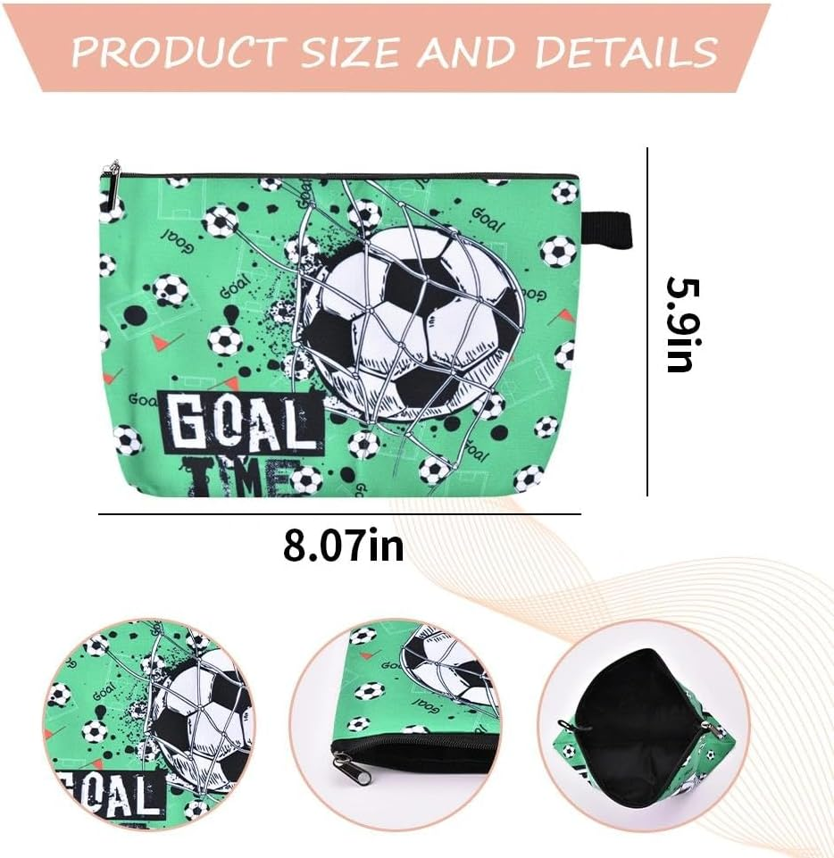 Soccer Makeup Bag Sports Cosmetic Pouch for Soccer Player Lover Goal Football Design Green Canvas Travel Toiletry Bag for Women Men Team Inspirational Christmas Birthday Gift image number 1