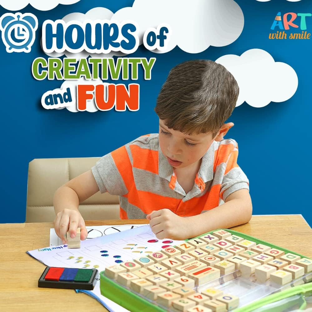 Large Wooden Stamp Premium Set for Kids. 72 Pcs Alphabet Stamps. Letters, Numbers, Emojis, 3-Color Washable Ink Pad, 3 Refill Bottles, Activity Book. Ideal Creativity Kit for Back to School image number 5
