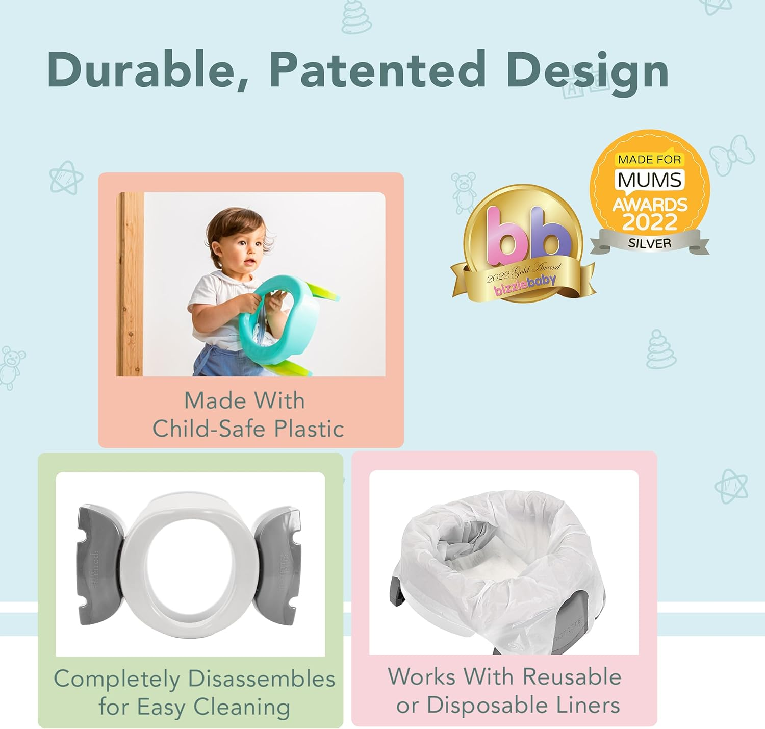 Kalencom Potette plus 2-In-1 Travel Potty and Trainer Seat - Dual-Purpose Potty Training Toilet Seat - Portable Potty for Toddler Travel - with Durable, Lock-In Legs and Splash Guard - White/Gray image number 2