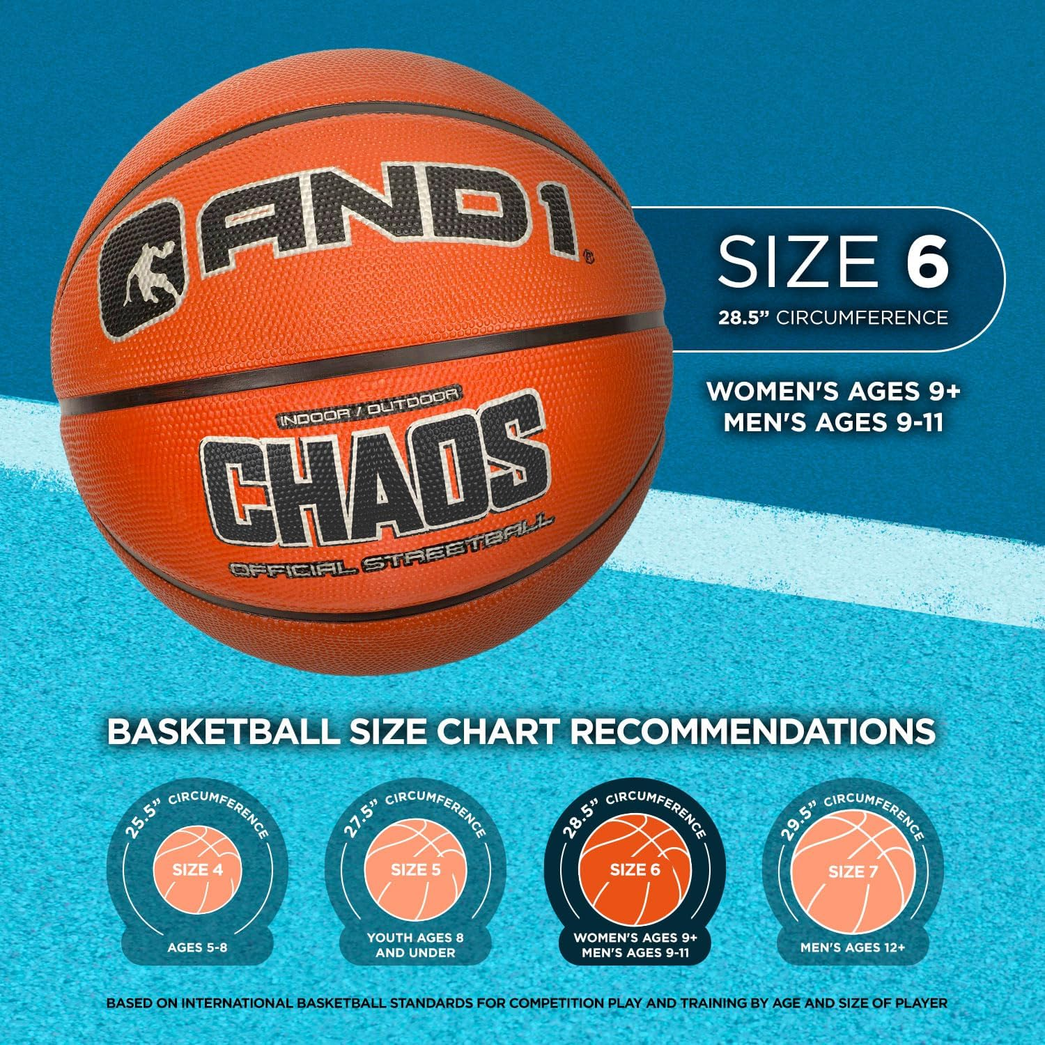 AND1 Street Ink 28.5 Basketball - Intermediate Rubber Streetball for Indoor/Outdoor Play, Includes Pump, Official Women'S High School, College, Size 6, for Girls & Women 12+ - Blue / Black image number 4