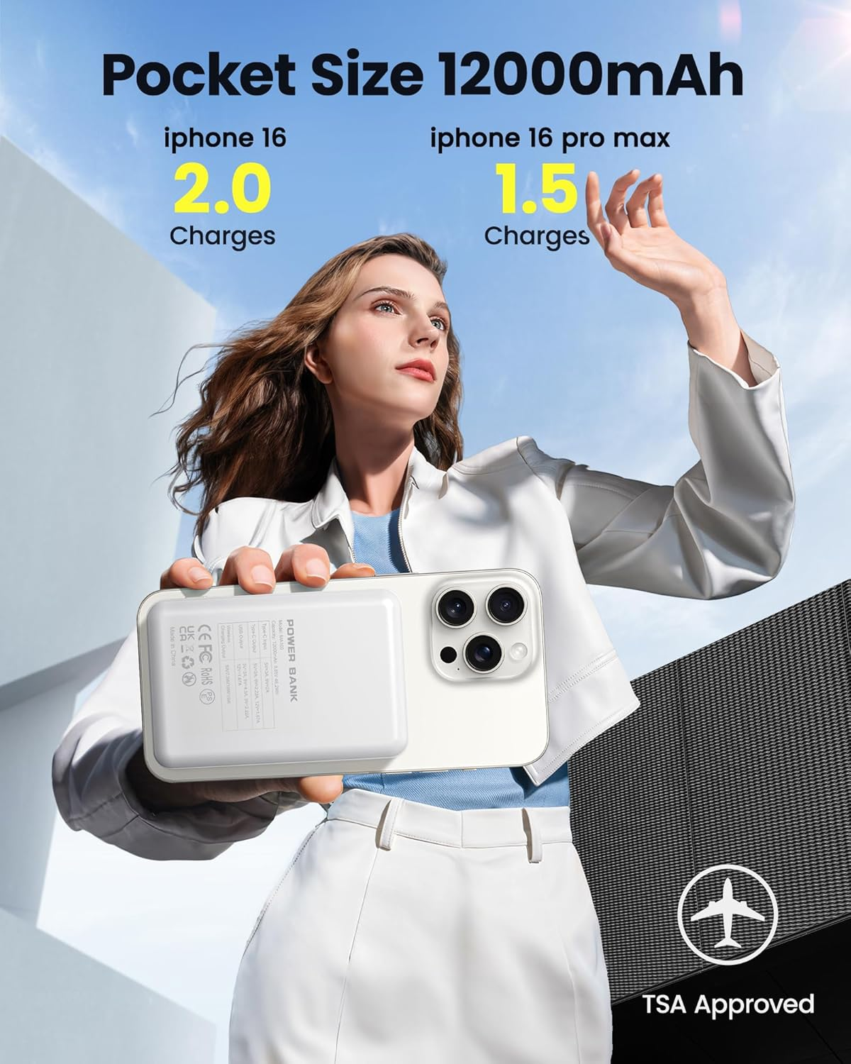 PDBEST 12000Mah Magsafe Powerbank Magnetic Portable Charger Power Bank PD 22.5W USB C Fast Charging Wireless Battery Pack Phone Charger for Iphone 16/15/14/13/12 All Series White - Blue image number 6