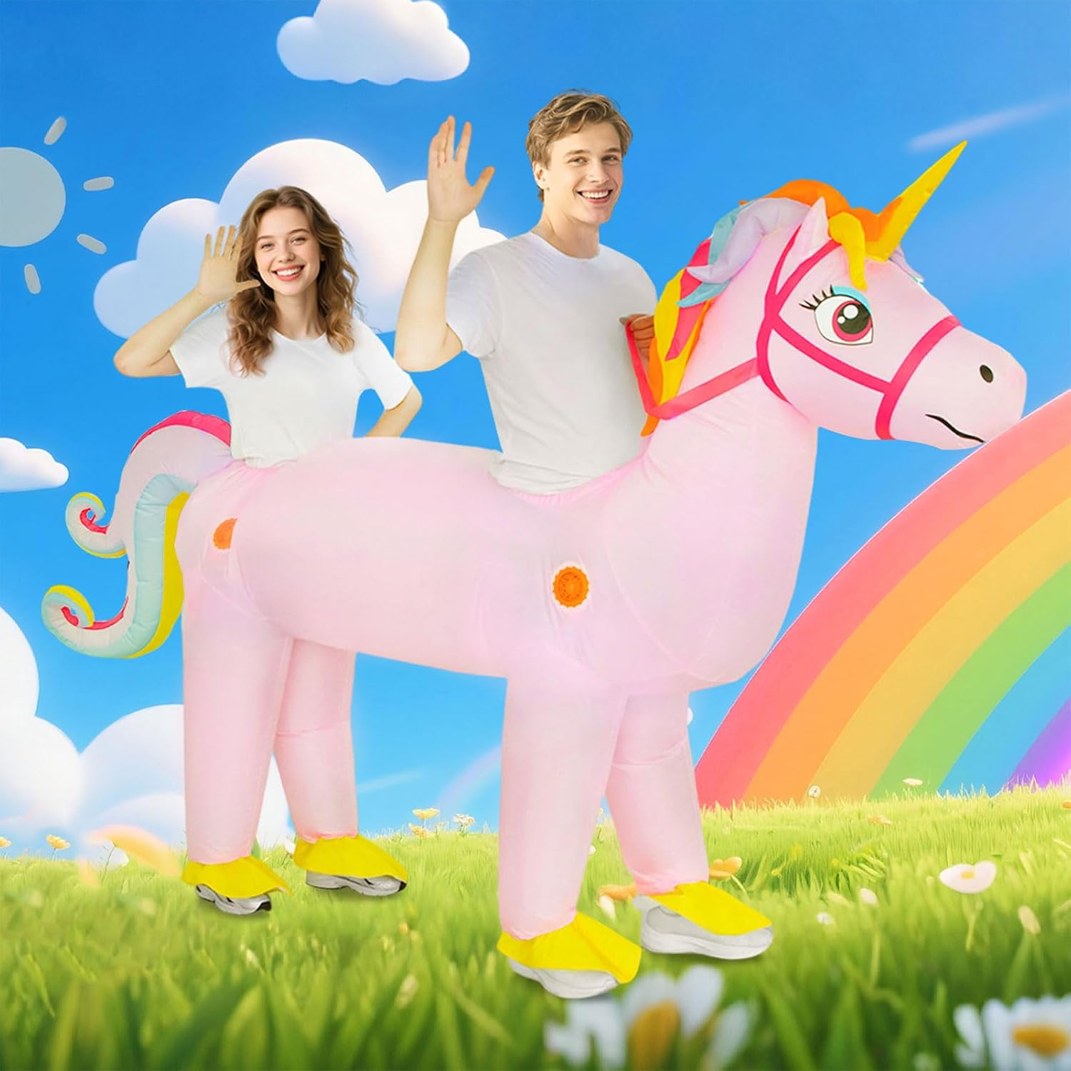 Couples Inflatable Unicorn Costume for Adults - 2 Person Riding Halloween Christmas Costume, Funny Matching Blow up Couple Outfits for Men Women Cosplay