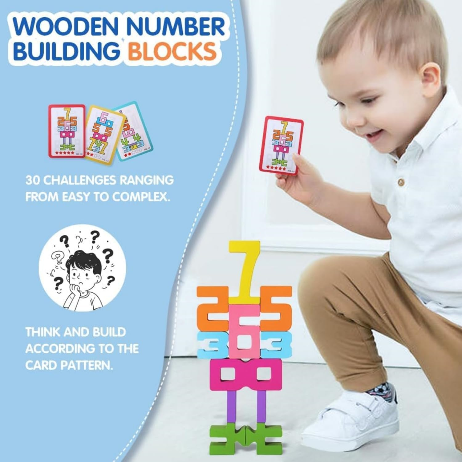 Montessori Wooden Number Building Blocks for Kids Ages 3-6 | Natural Non-Toxic Math Learning Toys with 1-10 Number Recognition & Shape Puzzles | Safe Toddler Preschool STEM Activities (1 Set of 20Pcs) - 1 Set Of 20Pcs image number 6