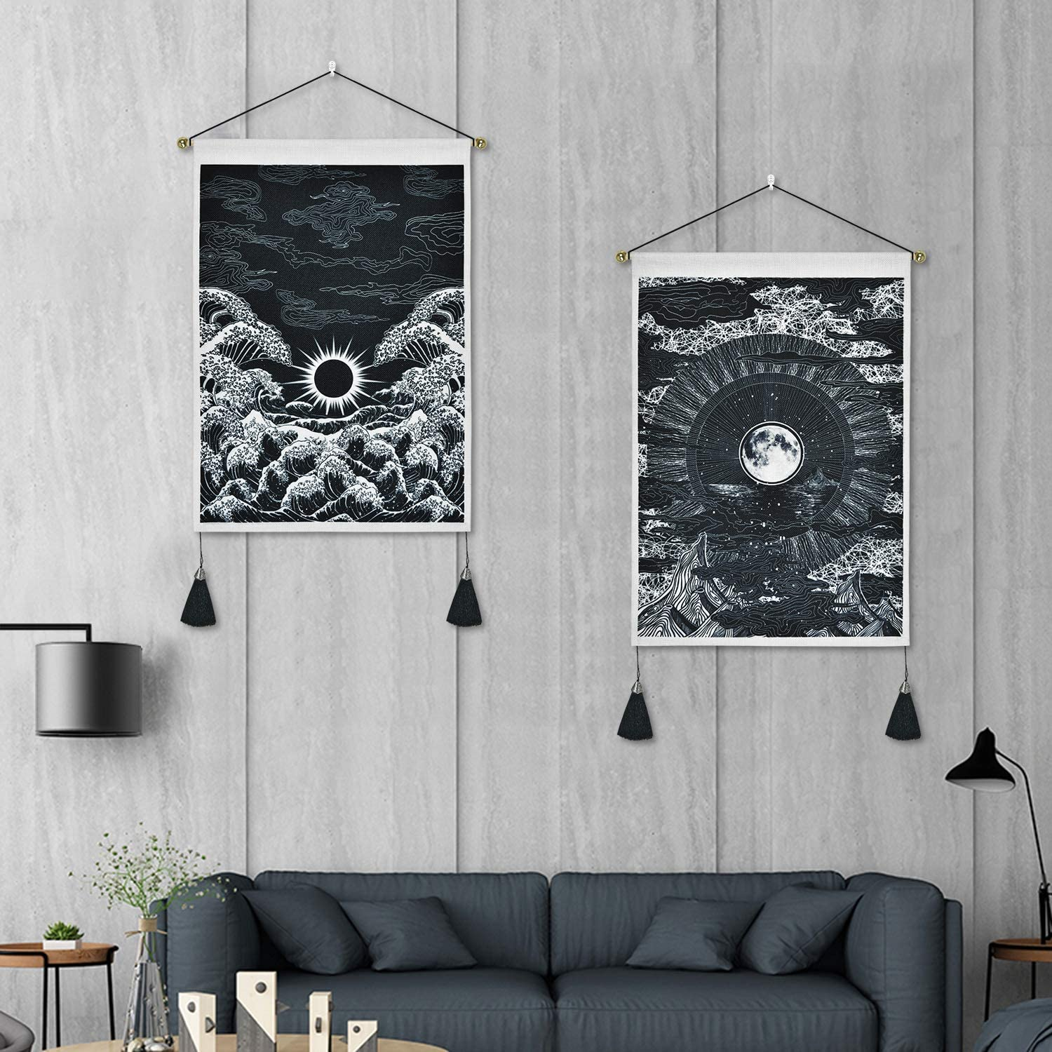 Pack of 2 Tapestry Moon and Star Tapestry Ocean Wave Tapestry Black and White Tapestries Mountain Tapestry Sunset Great Wave Tapestry Wall Hanging for Room (13.8 X 19.7 Inches) image number 4