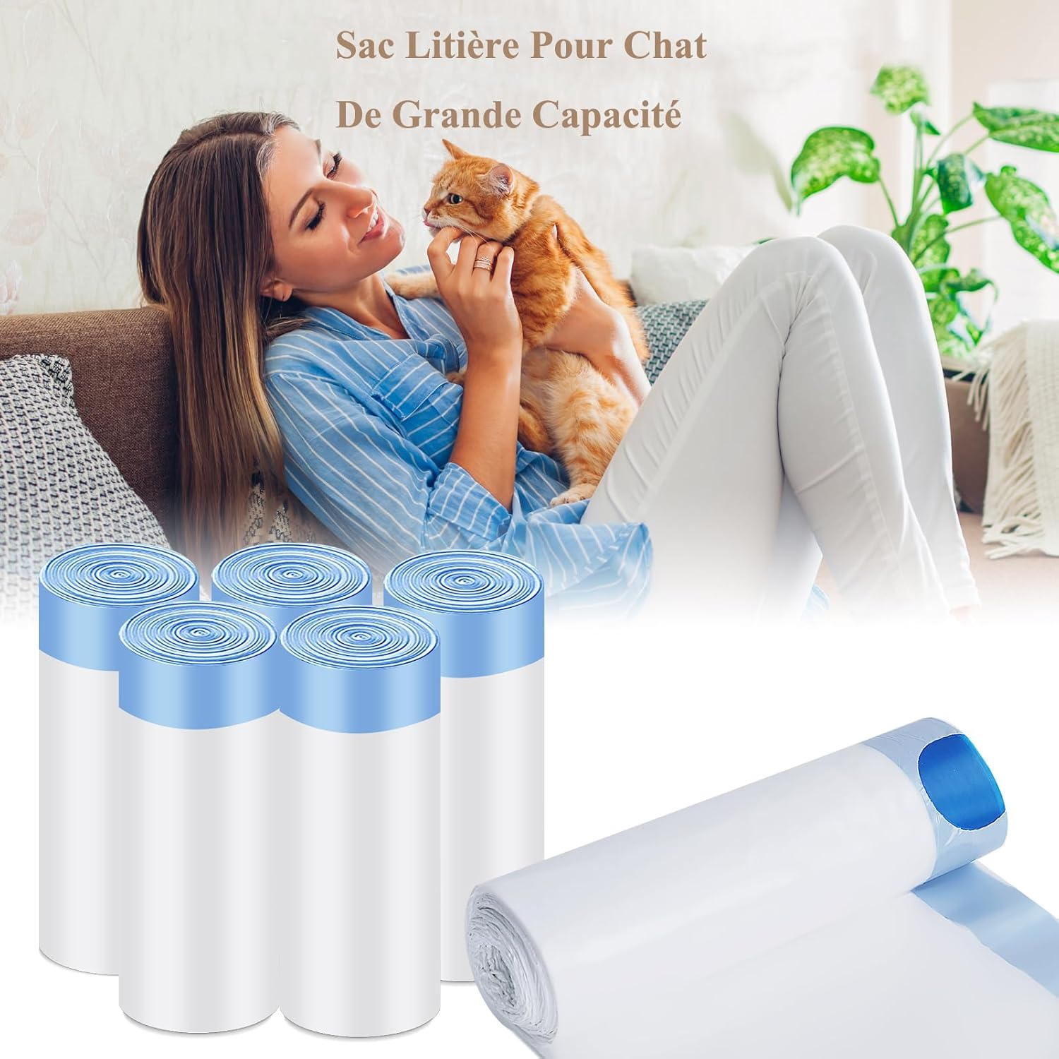 Tafoyu Cat Litter Box Bags with Drawstrings, Bin Bags with Carry Handle, Self-Cleaning Cat Litter Box, Rubbish Bags, Scratch-Resistant for Pets, Cats, Dogs, Poop Cat Litter, 6 Rolls/90 Pieces image number 1