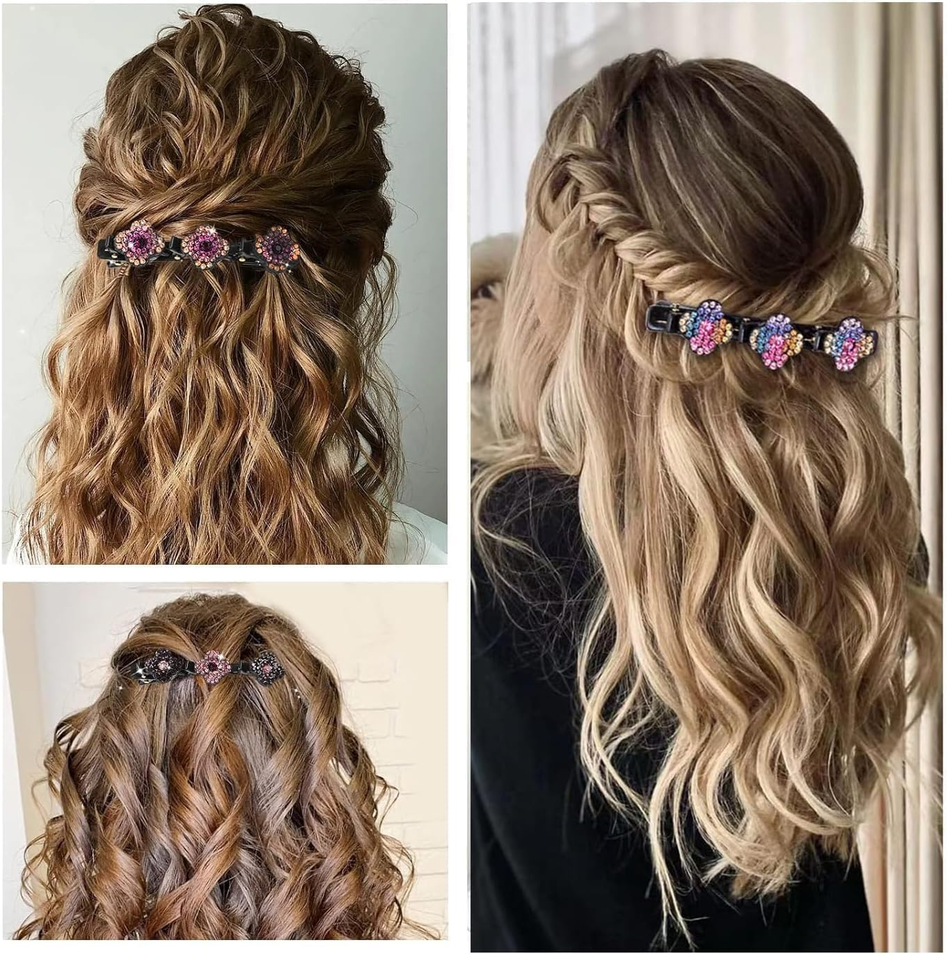 Shiny Rhinestone Hair Clip, 4 Pieces Women'S Hair Clips, Hair Clip with Crystal Flower, Double Layer Hair Clips, Glitter Crystal Stone, Girls Hair Accessories for Girls Women image number 6