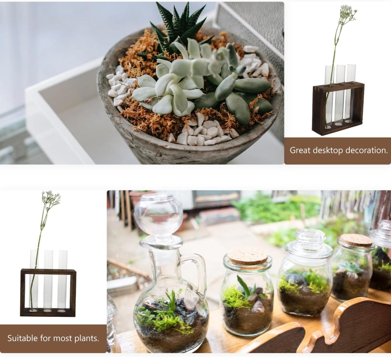 Cabilock Retro Wooden Rack Test Tube Vase for Hydroponic Plants, Glass Propagation Station for Flowers, Desktop Terrarium Decoration for Home, Office, or Restaurant image number 2