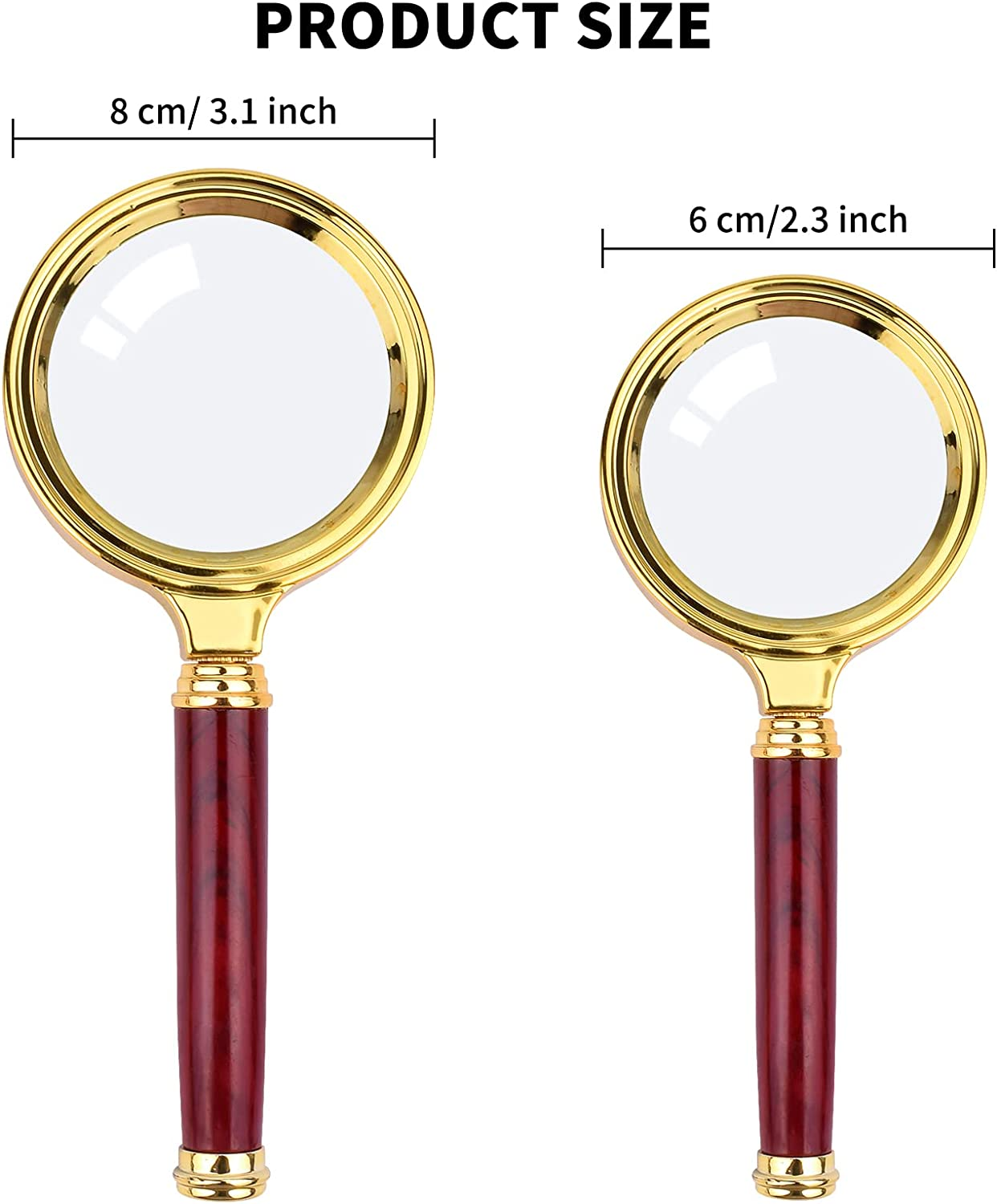 SAYEEC 10X Magnifying Glass, Handheld Reading Magnifier with Antique Mahogany Handle, 80Mm + 60Mm Magnify Glasses Lens, Magnifier Glass for Book Reading, Insect Observation, Classroom Science (2 Pcs) image number 1