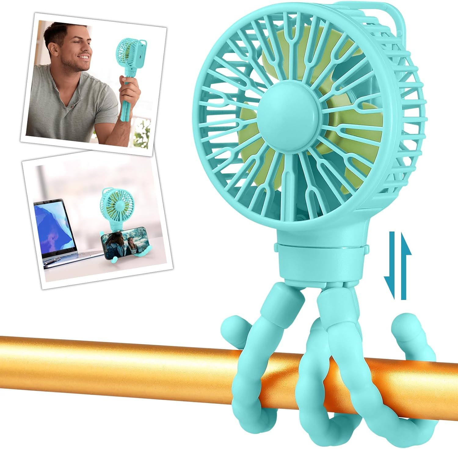 Snawowo Mini Portable Stroller Fan, Battery Operated Personal Small Handheld Fan with Flexible Tripod, 3 Speed Rechargeable Clip on Fan for Car Seat Crib Treadmill Travel Camping Blue