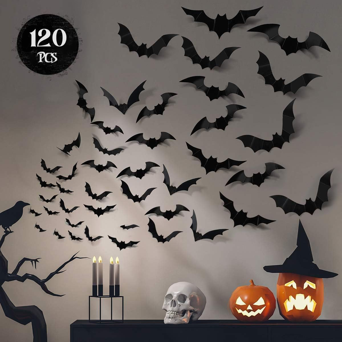 Halloween 3D Bats Decor 120PCS Wall Decor Realistic Halloween Party Scary Black 4 Different Sizes Waterproof PVC Bat Stickers for Living Room Bedroom Windows Gothic Home Decor Bats Spooky Party Decals image number 3