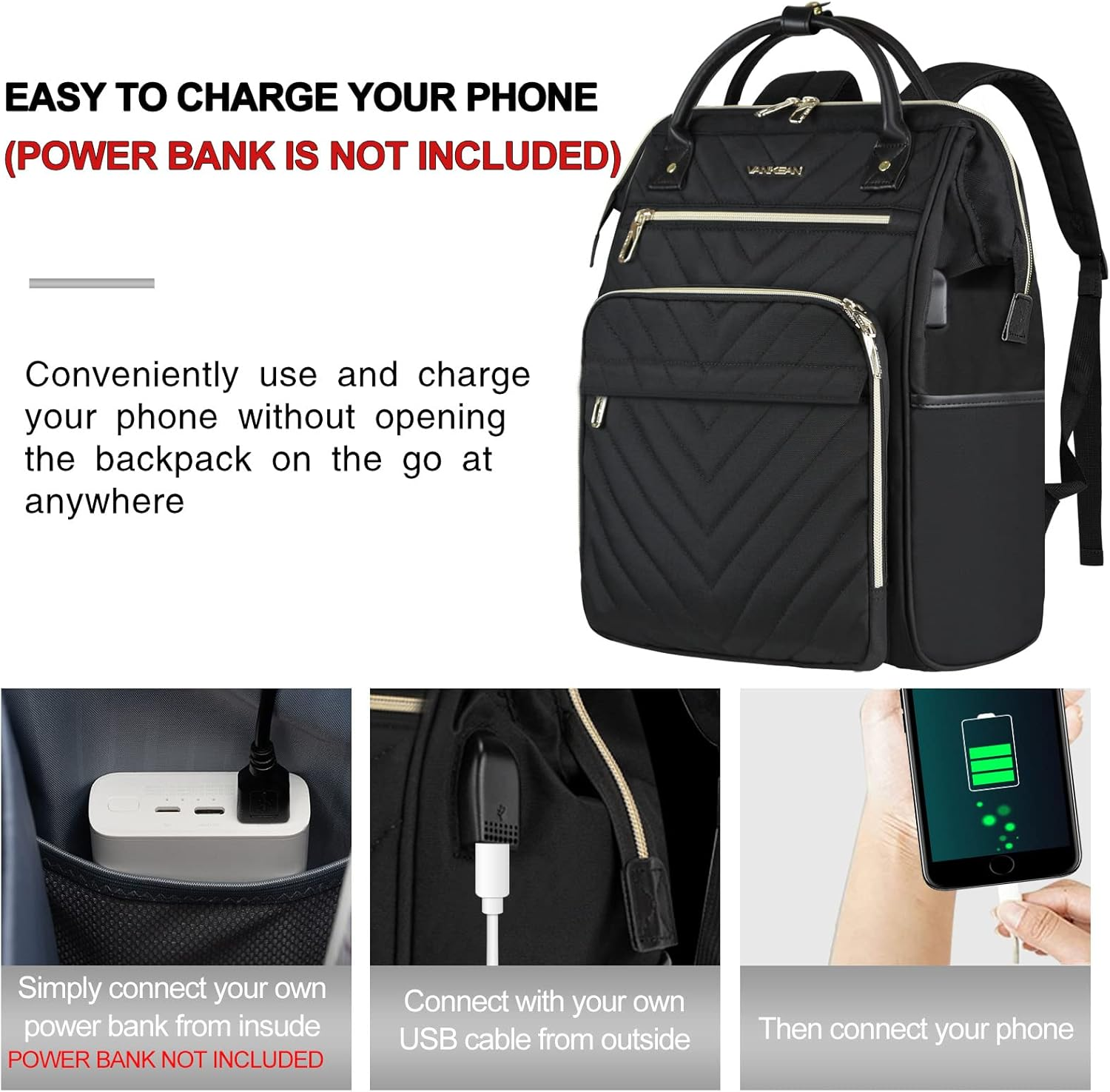 VANKEAN Laptop Backpacks for School, 17 Inch Stylish Computer School Backpack, Doctor Bag Water Repellent College Casual Daypack with USB Port Travel Business Work Bag (Quilted Black) image number 5