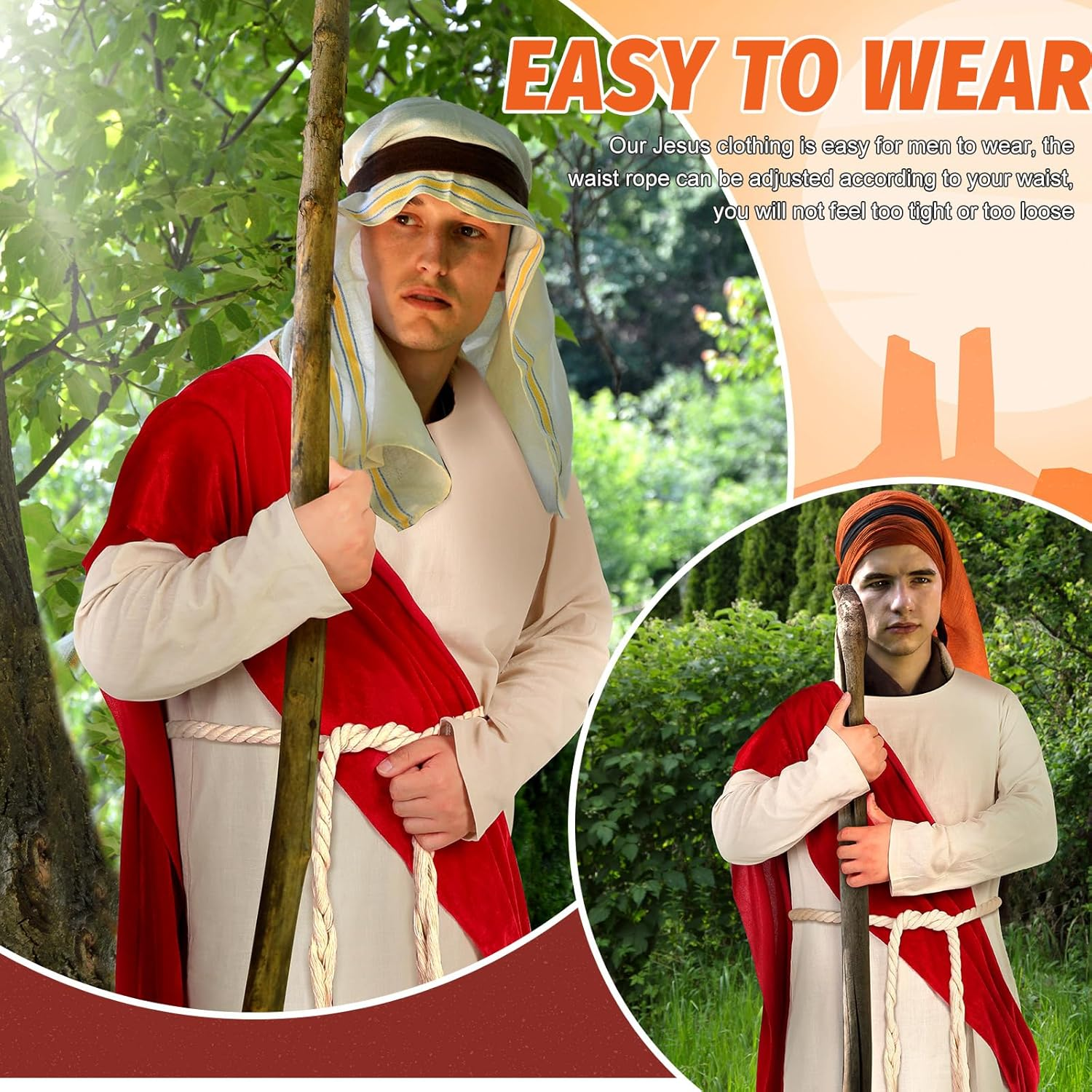 Haull Jesus Costume Adult Men Jesus Robe Religious Christ Costume Includes Scarf Waist Rope for Halloween image number 2