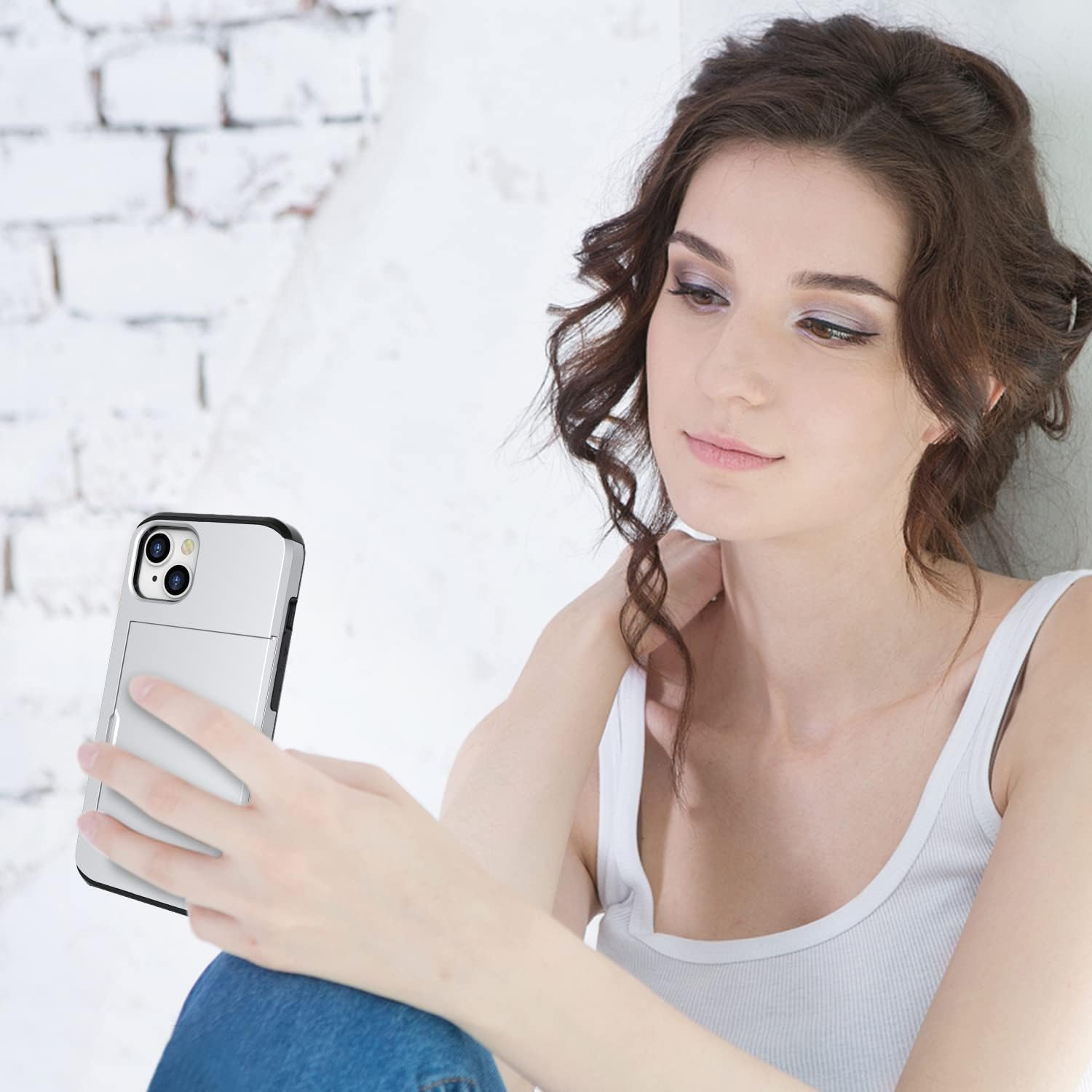 ZUSLAB Iphone 14 Case Slide Armor Card Holder Protective Shockproof Hard Back Cover for Apple - Silver