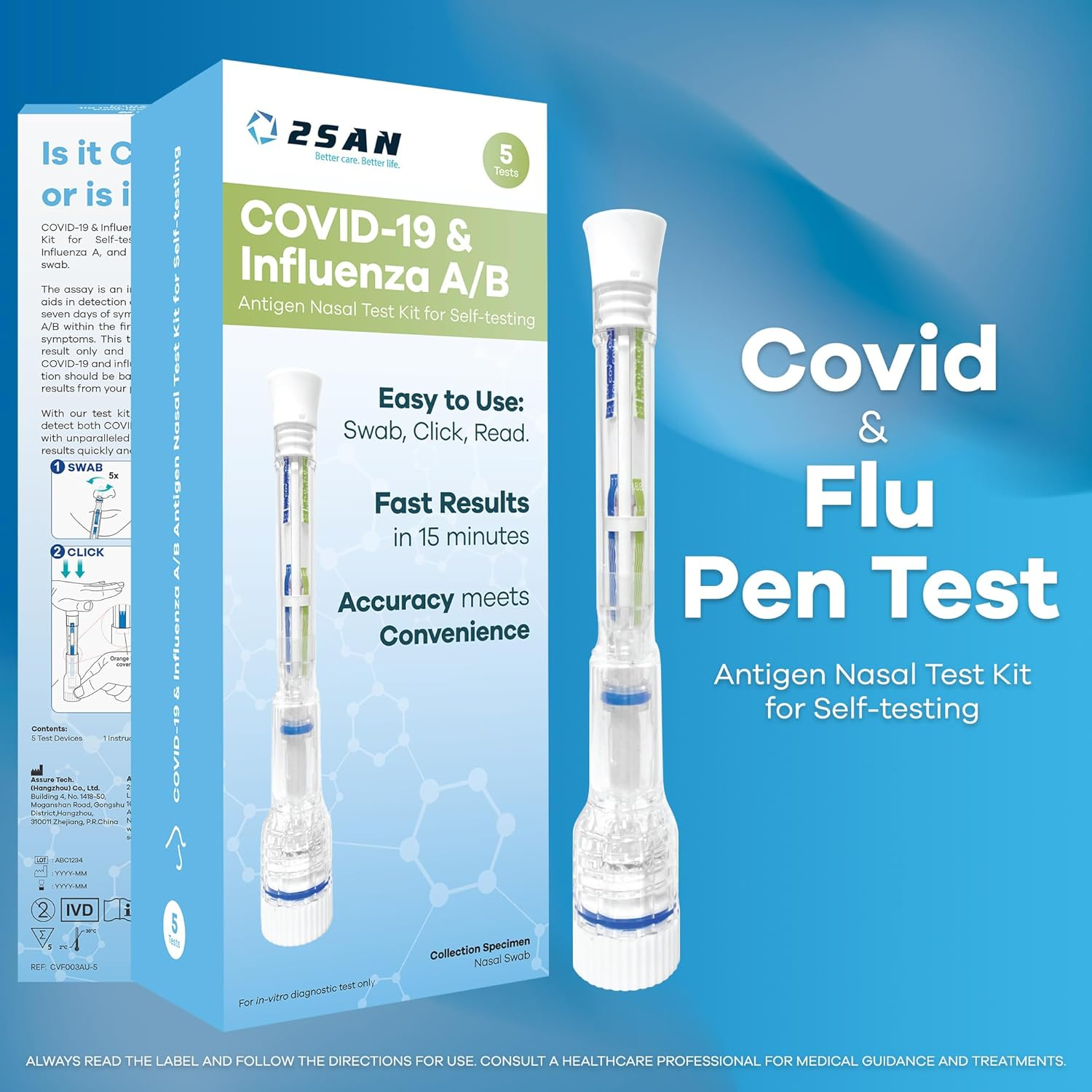 2San COVID-19 & Flu A/B Test &ndash; Results in 15 Minutes &ndash; 5-Pack (5 Test) &ndash; Rapid Antigen Home Test &ndash; Clinically Accurate &ndash; Easy, Non-Intrusive Nasal Swab &ndash; Detects Flu & COVID image number 6