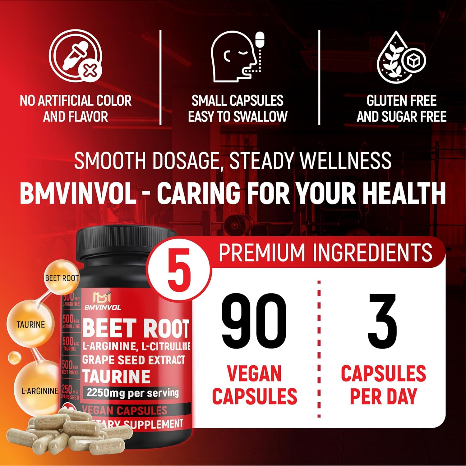 Beet Root Capsules L Arginine L Citrulline Taurine Grape Seed - Nitric Oxide Beetroot Powder - 90 Capsules Gluten Free and Non-Gmo image number 5