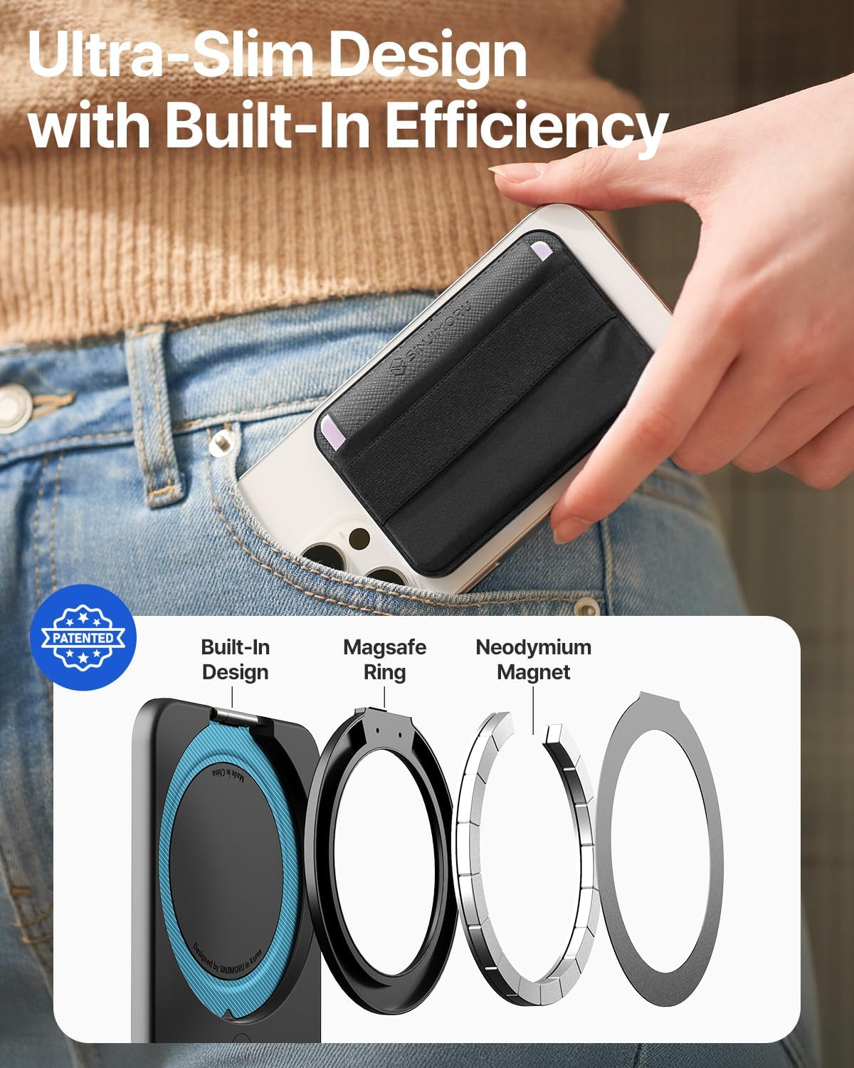 Sinjimoru for Magsafe Wallet, Adjustable Stand with Magnetic Wallet, 3000G Magnetic Strengh, Soft Wool Band Grip, Side Access Type, M-Band Stand Black image number 4