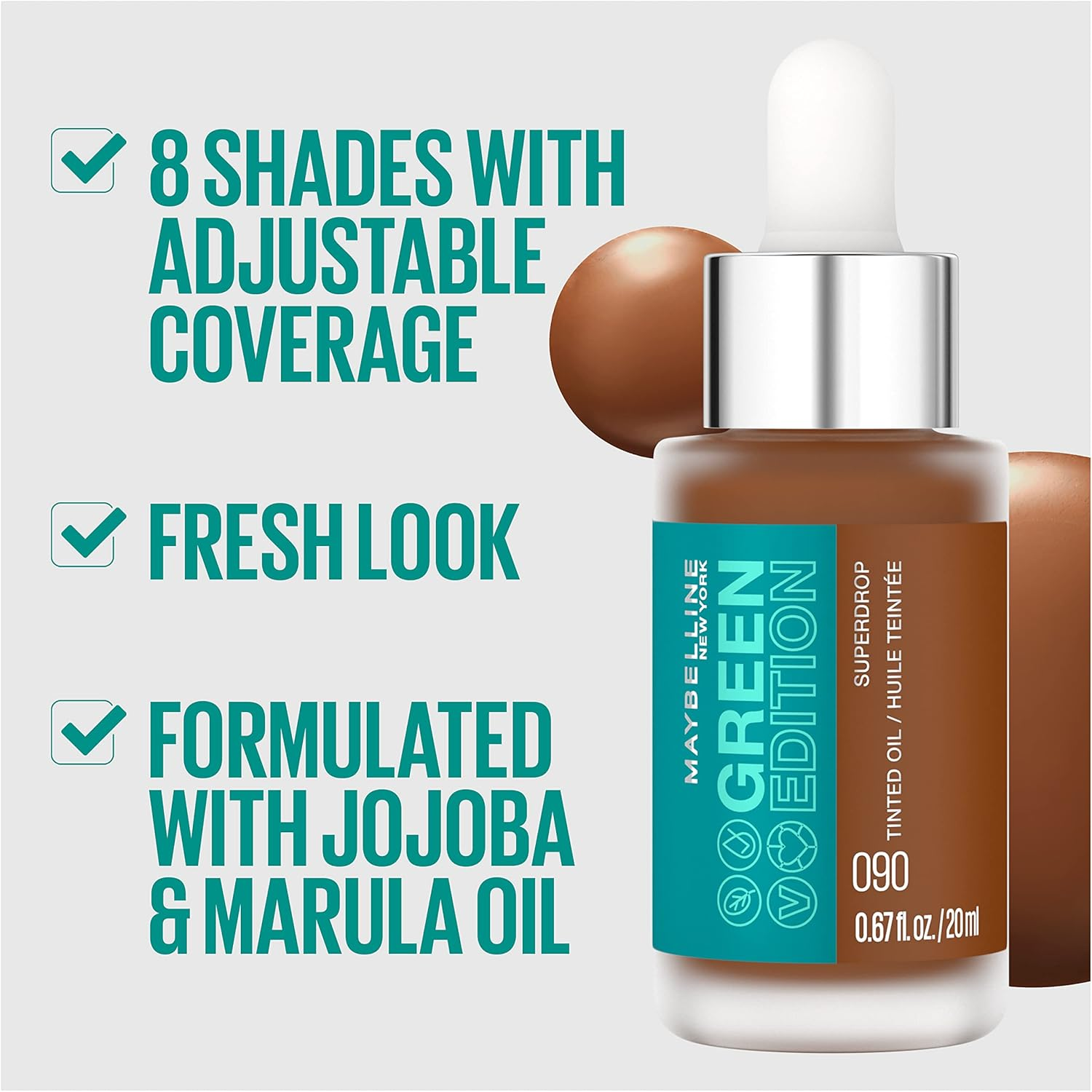 Maybelline Green Edition Superdrop Tinted Oil Makeup, Adjustable, Natural Coverage, in 8 Shades, Formulated with Jojoba and Marula Oil, 30, 0.67 Fl Oz image number 3