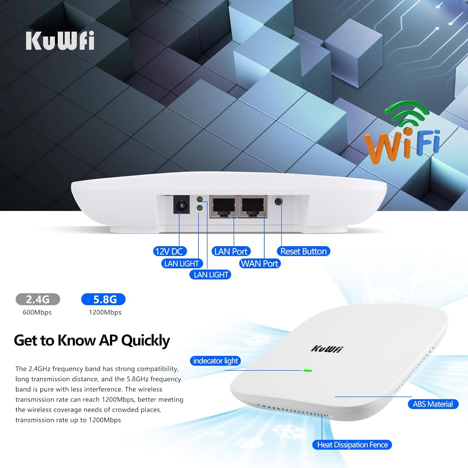 Kuwfi AX1800 Wifi6 Dual-Band Ceiling Wireless Access Point with 1800Mbps Wifi Speeds/Uplink Gigabit Ports/Ethernet Support for Access Points/For POE Switches/Commercial/Malls/Large Dense Spaces image number 4
