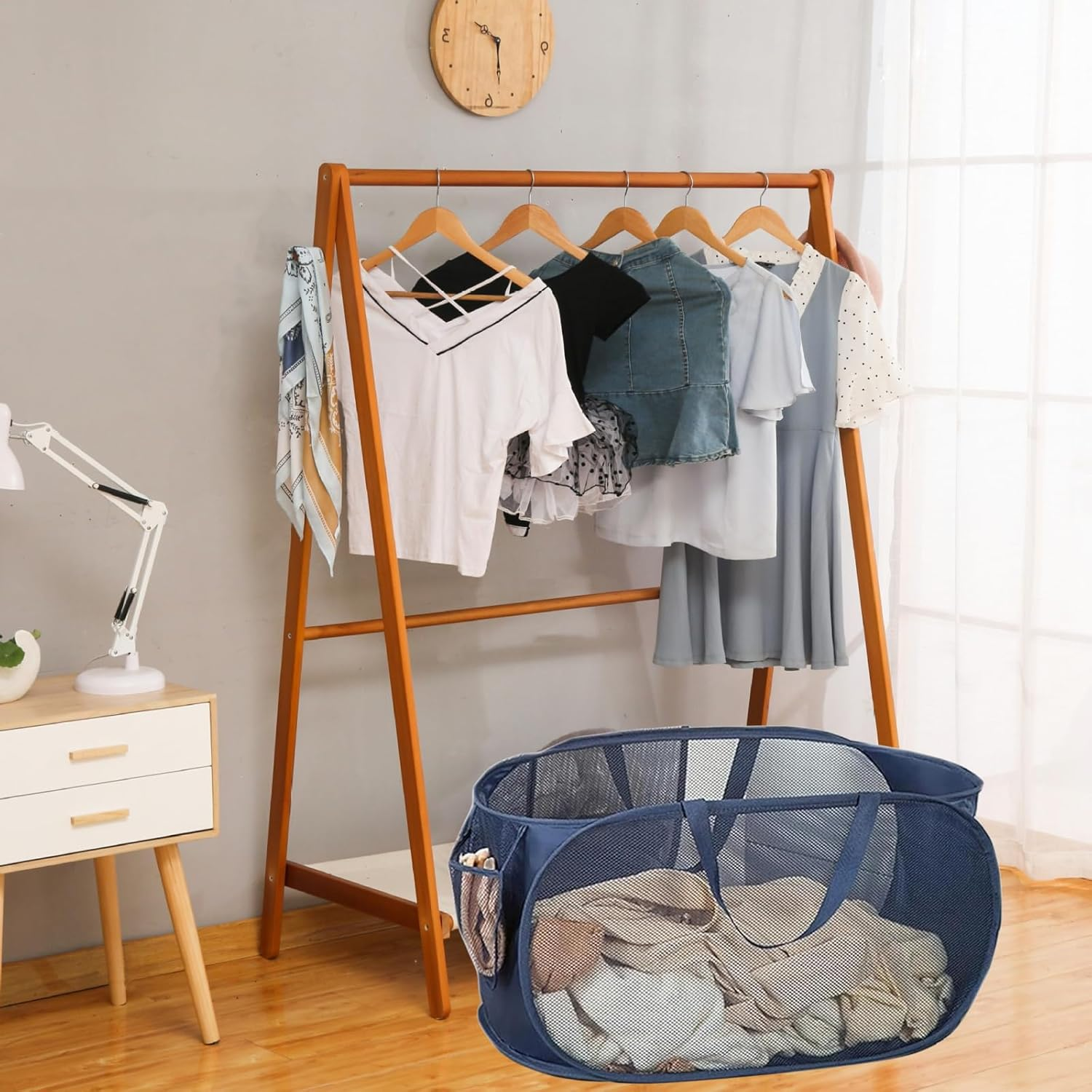 UESJKHOA 2Pack Pop-Up Collapsible Laundry Hamper - Foldable Mesh Laundry Baskets with Breathable Design,Easy to Store,Keep Clothes Fresh & Odor-Free for Home,Dorm,Travel (Horizontal Navy Blue Basket) - Grey image number 3