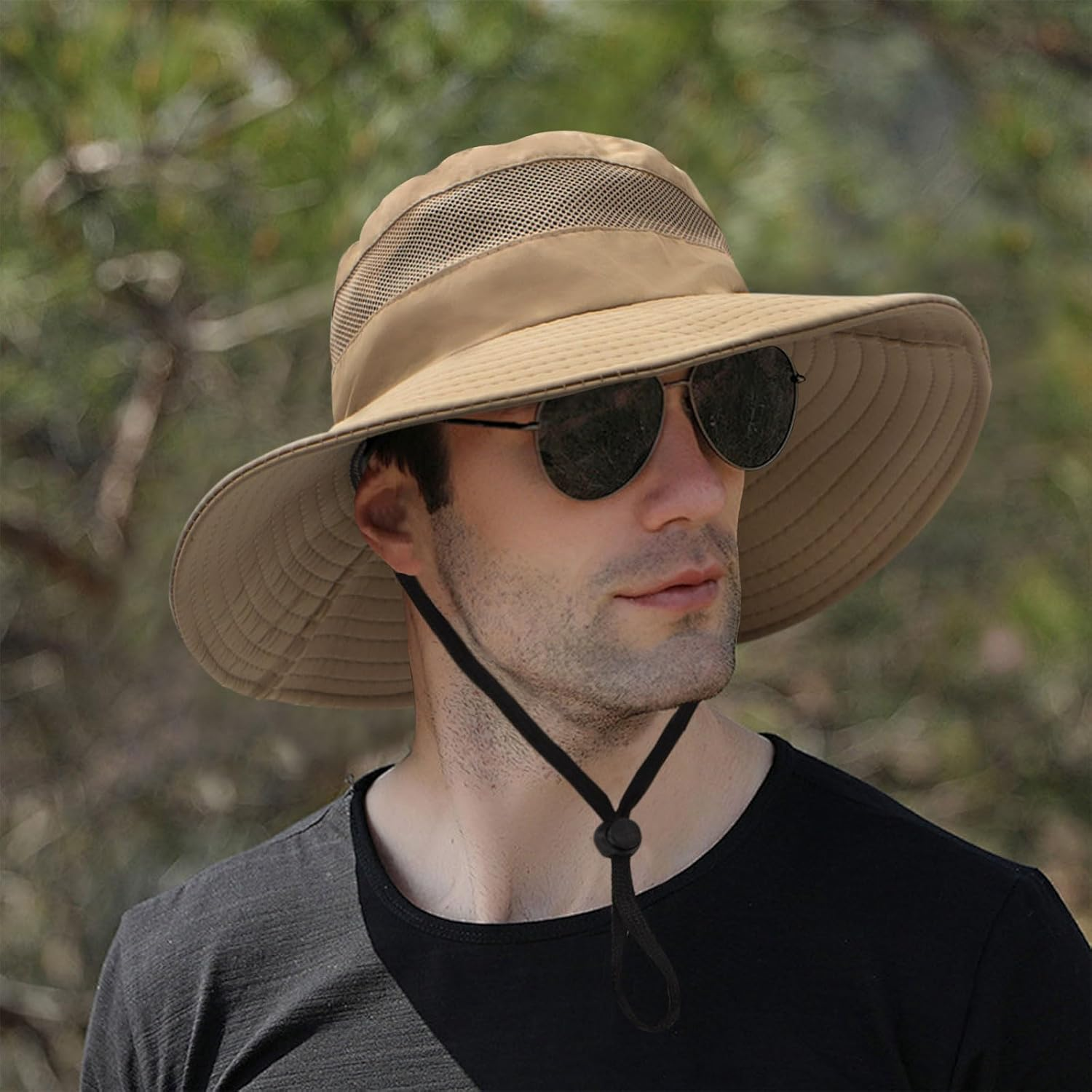 LJCZKA Wide Brim Sun Hat for Men Women,Unisex Waterproof Packable Bucket Hat with Chin Strap,Breathable Mesh Bucket Hat with Criss Cross Ponytail Hole - Khaki image number 5