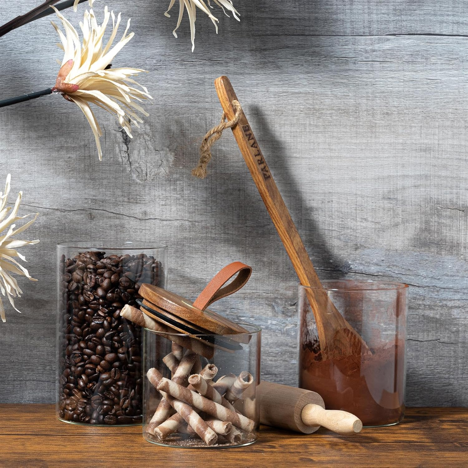 Argon Tableware Scandi Storage Jars with Leather Loop Lids - 1000Ml - 6 Pack - Modern round Organisation Container Glass Jar for Kitchens, Pantry, Bathrooms, Utility Rooms image number 5