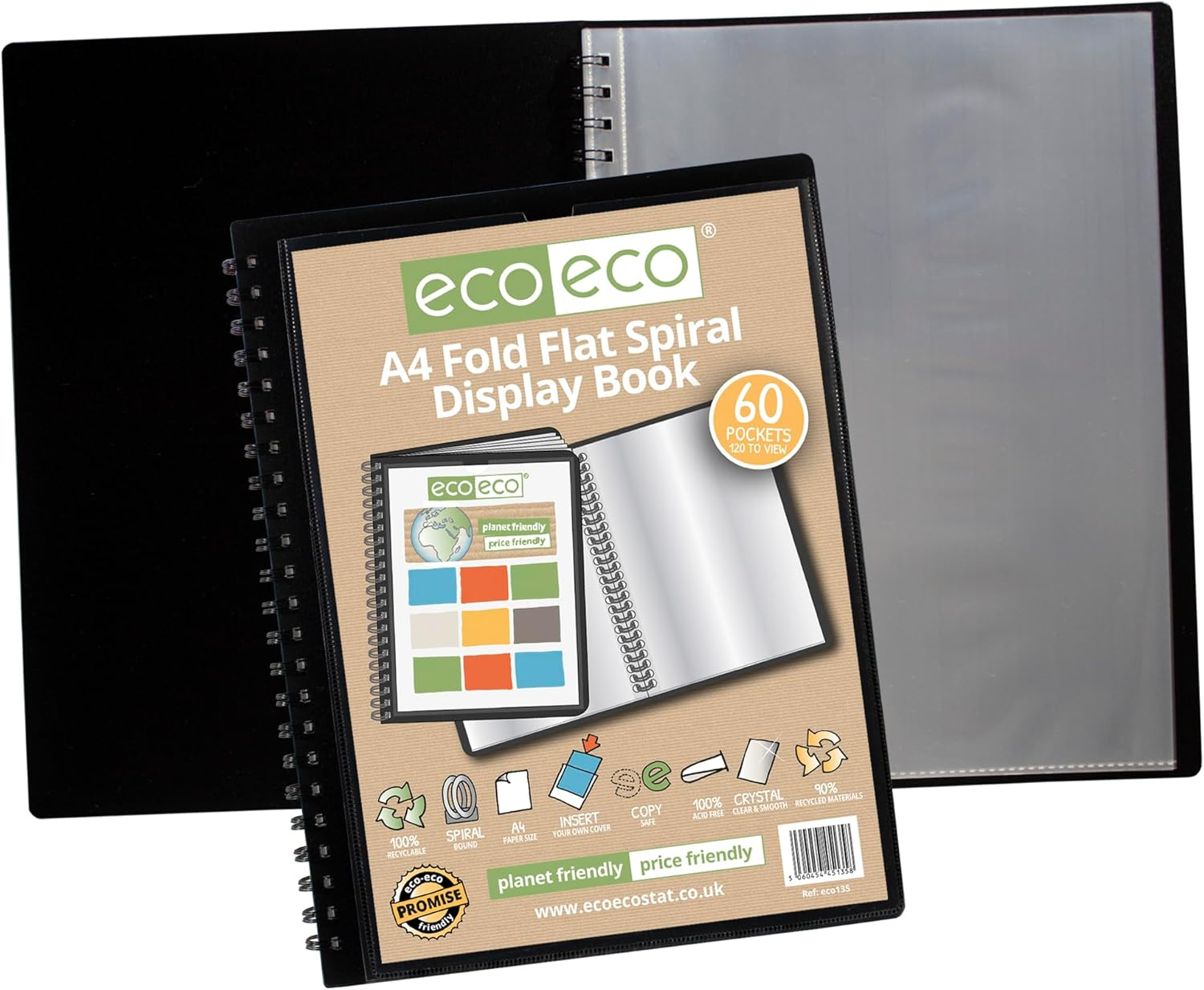 Eco-Eco A4 50% Recycled 60 Pocket Fold Flat Spiral Bound Display Book, Pack of 2, Eco135X2