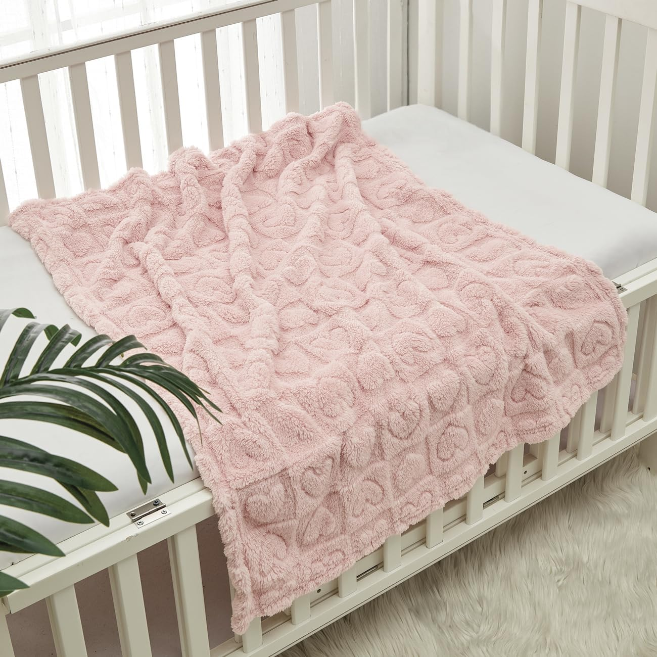 CREVENT 76X102CM Cozy Soft Warm Sherpa Baby Blanketfor Girls Boys, Newborn Essentials for Infant, Babyshower - Pink Heart image number 6