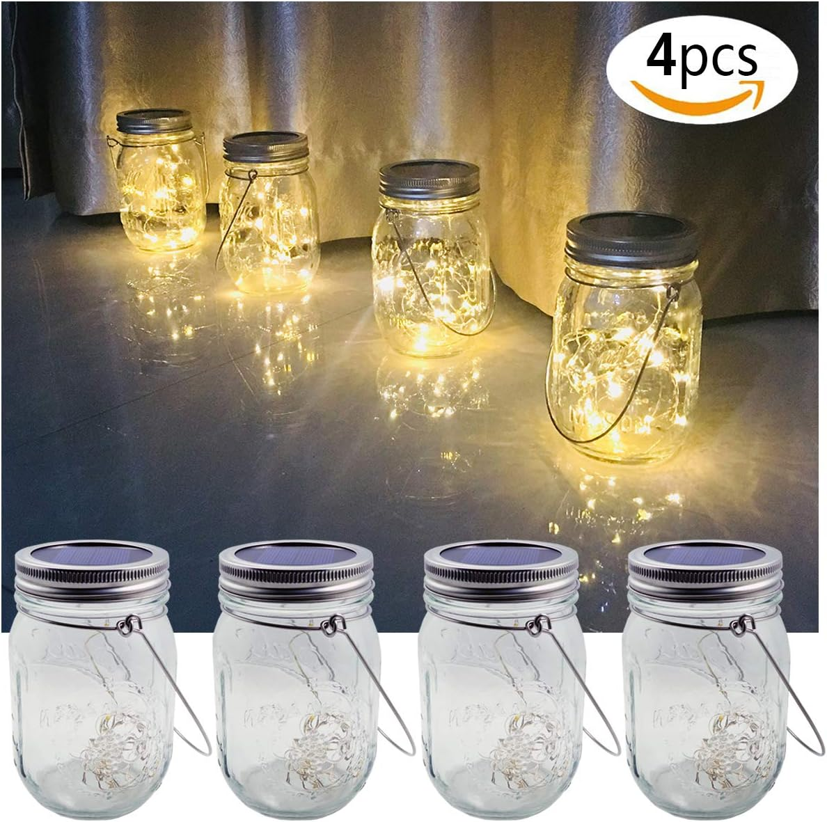 Solar Mason Jar Lights, 4 Pack 30 Leds Waterproof Fairy Firefly String Lights Build-In Glass Mason Jar, Best Patio Garden Decor Solar Hanging Lanterns Outdoor Warm White (4 Pack-Mason Jars Included) image number 5