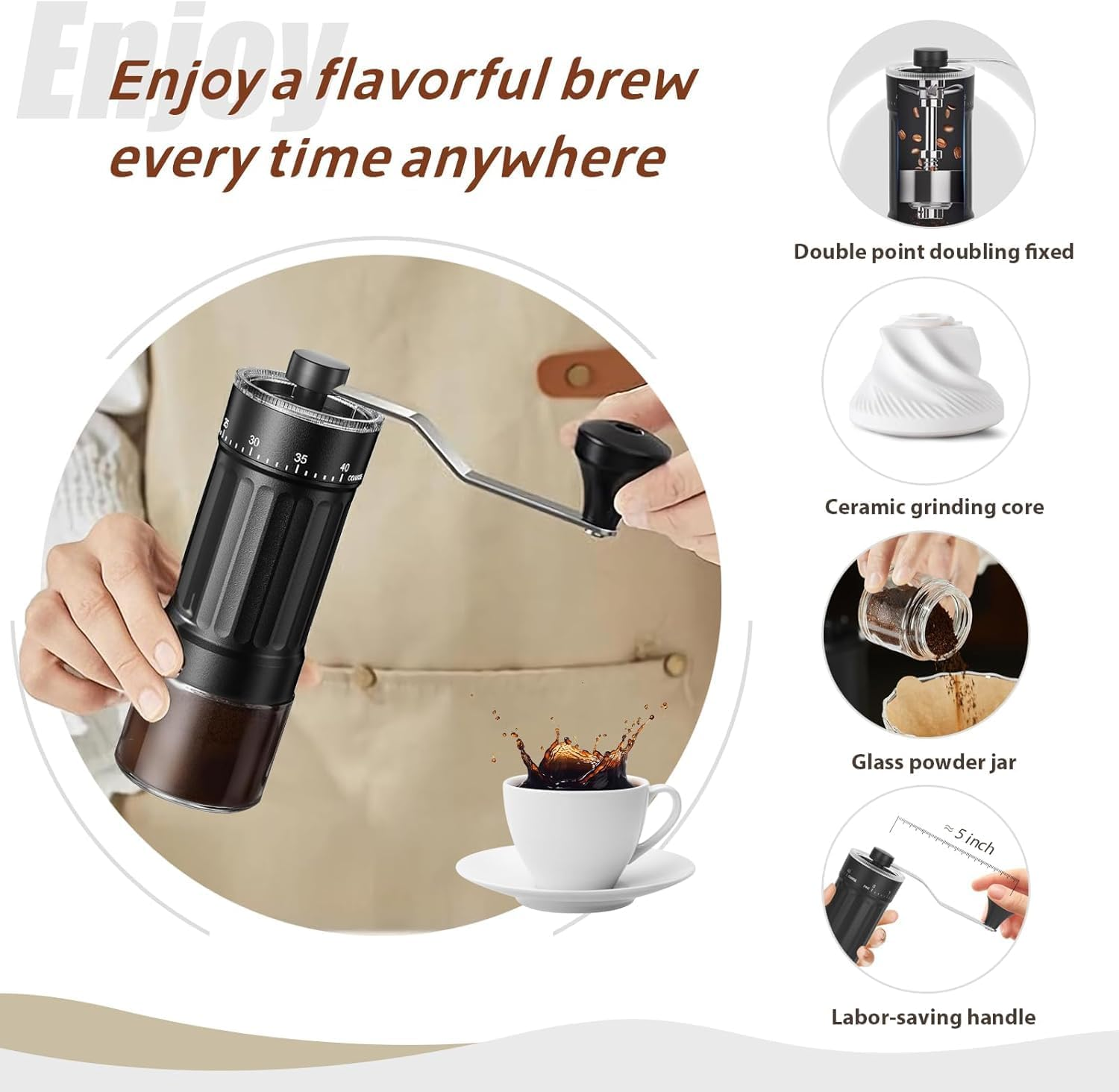 Manual Coffee Grinder with Conical Ceramic Burrs 40 Adjustable Coarse- Portable Coffee Bean Grinder for Espresso, French Press, Pour over - 25G Capacity image number 6