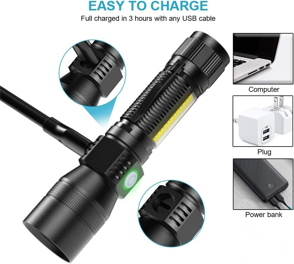 Ludopam UV Rechargeable Flashlights Tactical,1000 High Lumens 3 in 1 LED Black Light Flashlight -Magnetic Base/Sidelight/Zoomable, Bright Pocket Flash Light for Stains Detection Camping Emergency,1Pcs image number 6