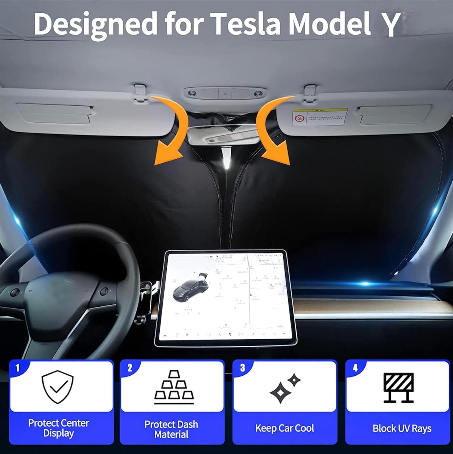 Tesla Model Y Accessory 2024 Australia Glass Roof Sunshade Windshield+ Front+Rear Topfit Shades in (Beige Color) UV Umbrella Sunroof for Tesla Model Y Accessories 2021-2024.