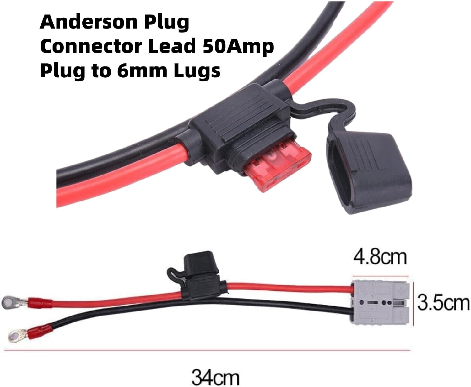 Luojinluoda 2 Pcs Fused Anderson Plug Connector Lead, Anderson Plug Extension Cable Kit - 50Amp 30CM Waterproof Quick Connect Battery Cables with 6Mm Lugs for Caravan Boat 4WD and Solar Generator image number 4