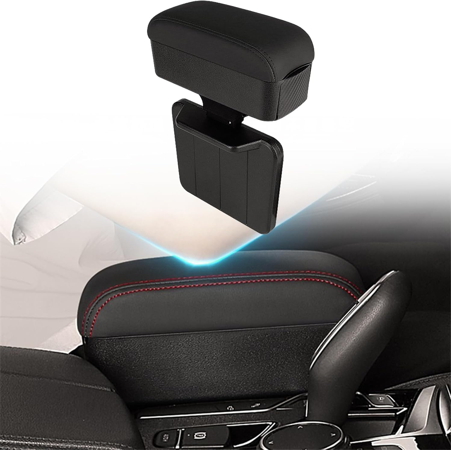 Auto Center Console Armrest Gap Filler Organizer, Car Nappa Leather Armrest Pillow with Storage Box, Arm Rest Cover Cushion with Cup Holder, Universal Adjustable High-Low Arm Rest Extender (Black)