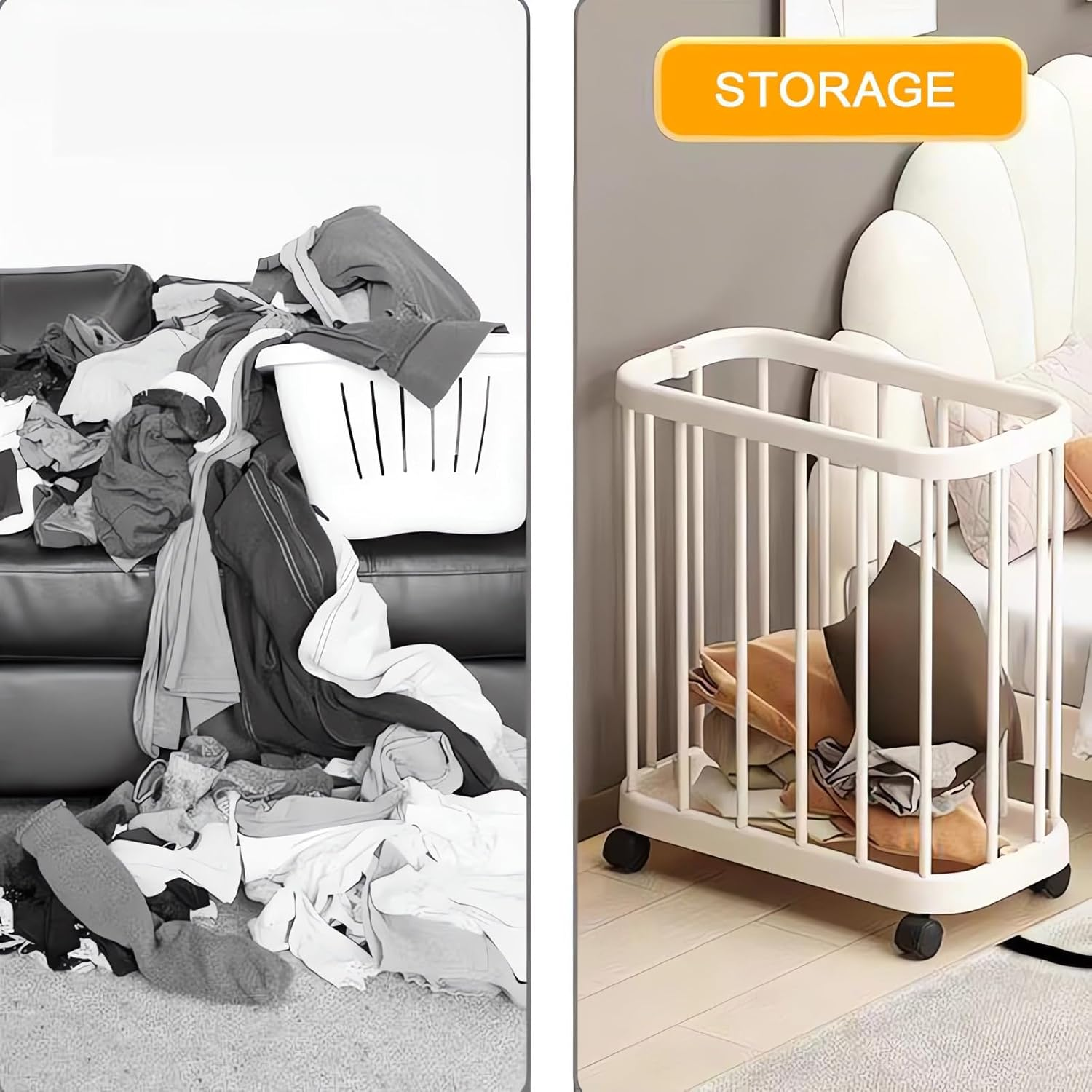 Rolling Storage Basket with Wheels, White Vertical Bar Design, Mobile Storage Cart for Toys, Clothes and Bathroom Essentials image number 1