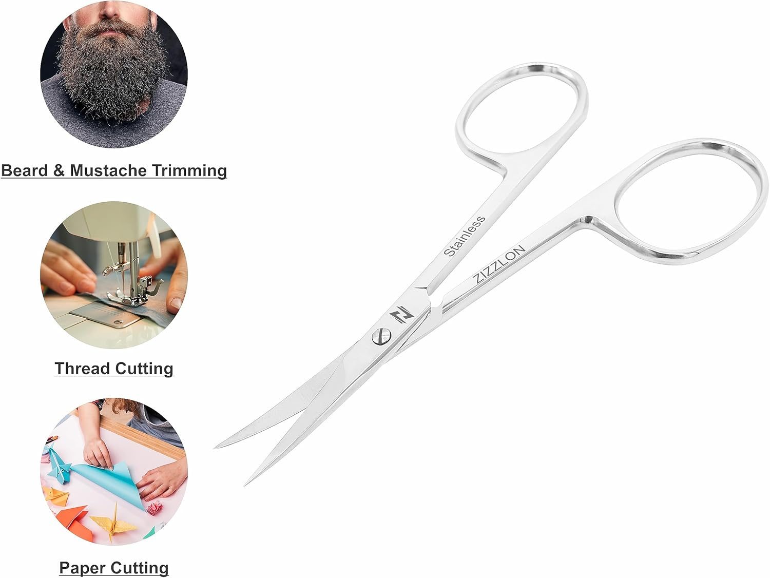 ZIZZLON Cuticle Scissors Extra Fine Curved Stainless Steel, Professional Eyebrow Scissors for Beard, Nose Hair, Eyelash, Mustache, Dry Skin - Manicure Scissors image number 5