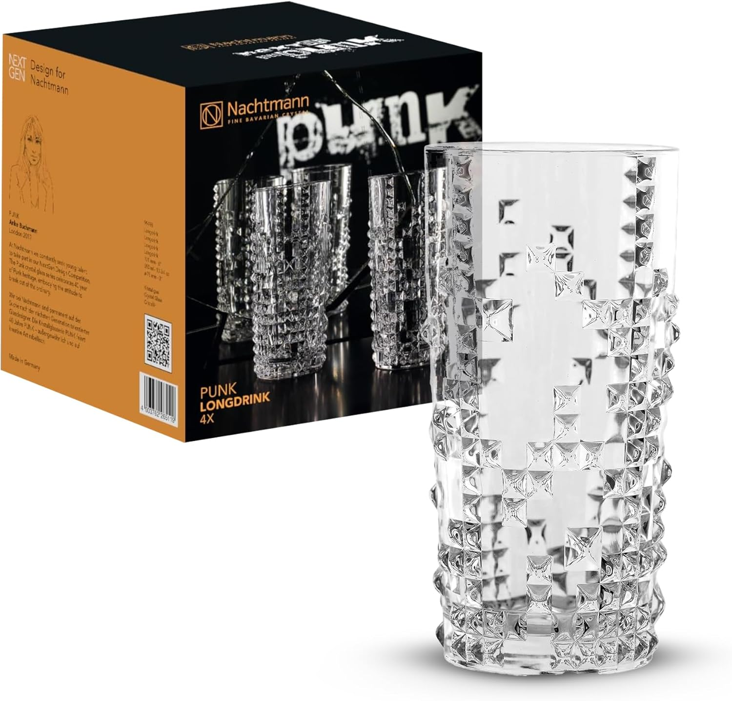 Nachtmann Punk Long Drink Glass, Clear &ndash; Bold Crystal Barware with Stud-Inspired Design &ndash; Tall Shape Enhances Effervescence & Ice Space &ndash; 375 Ml Capacity (Pack of 4) image number 5