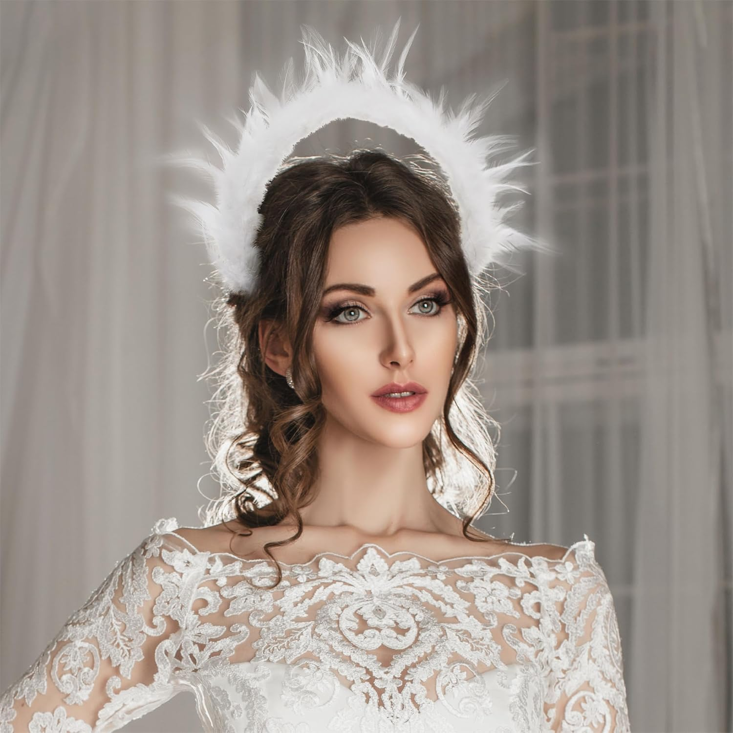 Partyforu White Feather Halo Headband - Goddess Angel Crown for Women Wedding Cosplay Accessories image number 3