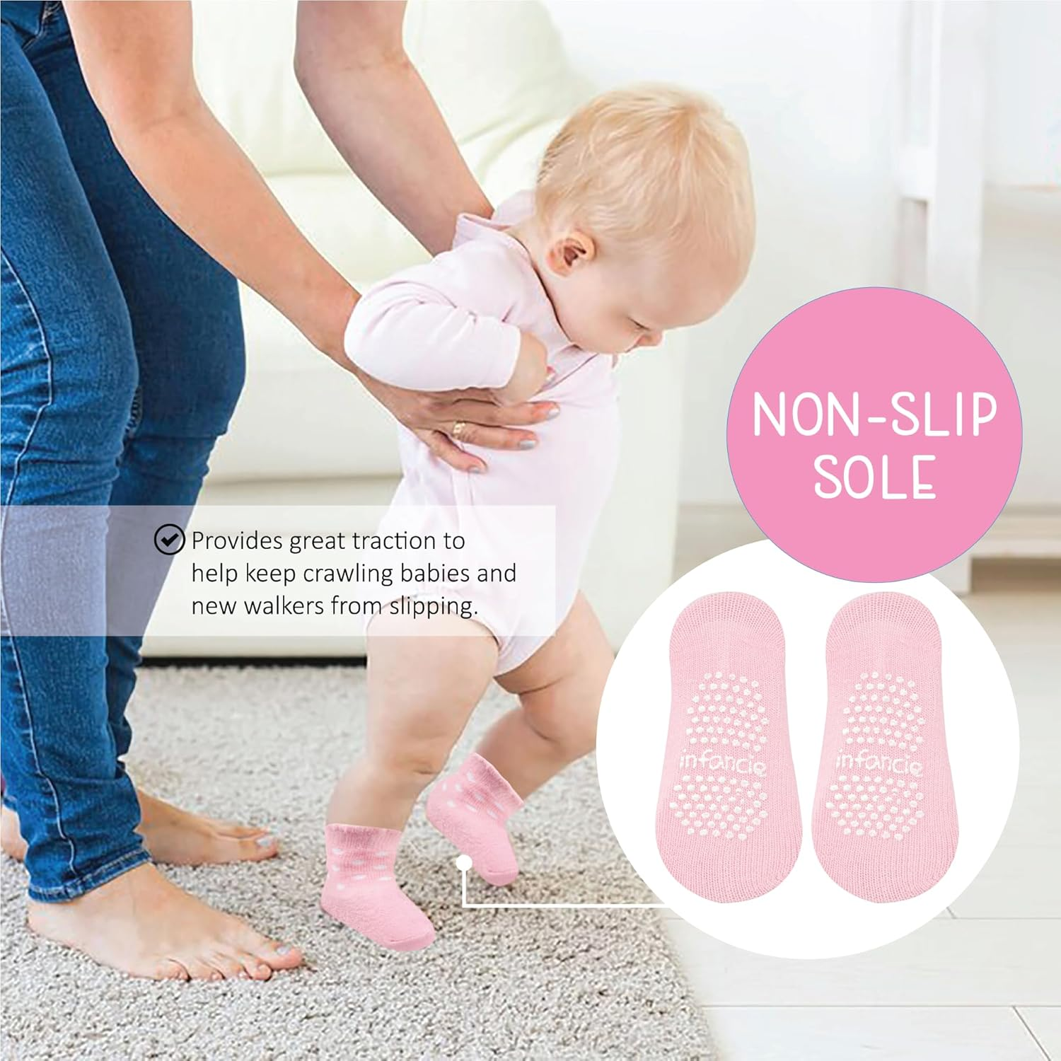 Baby Socks With/Gripper | Safe Walking Non-Slip Sole | Stay-In-Place Ribbed Cuffs Unisex image number 4